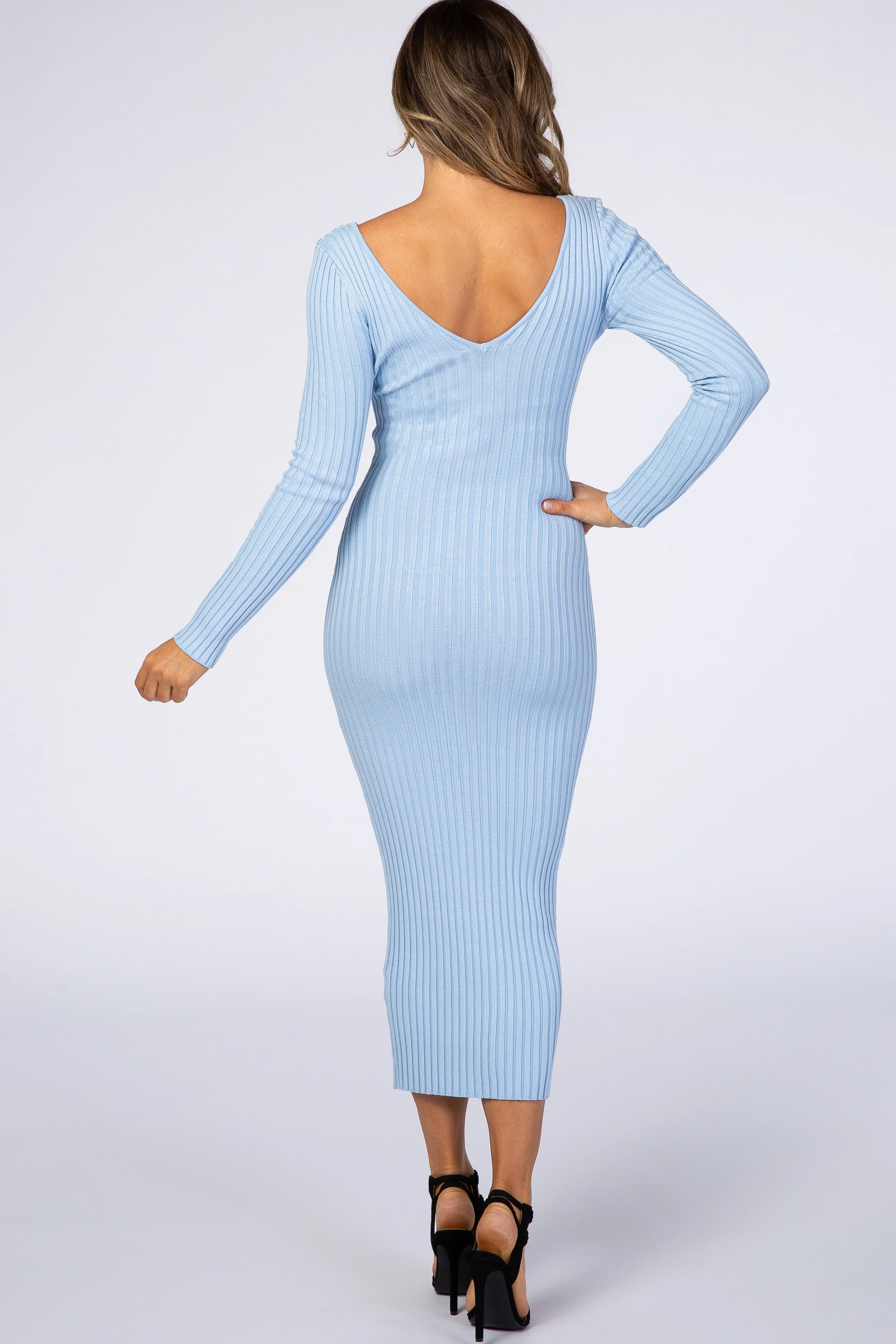 Light Blue V-Neck Long Sleeve Fitted Maxi Dress - Image 3