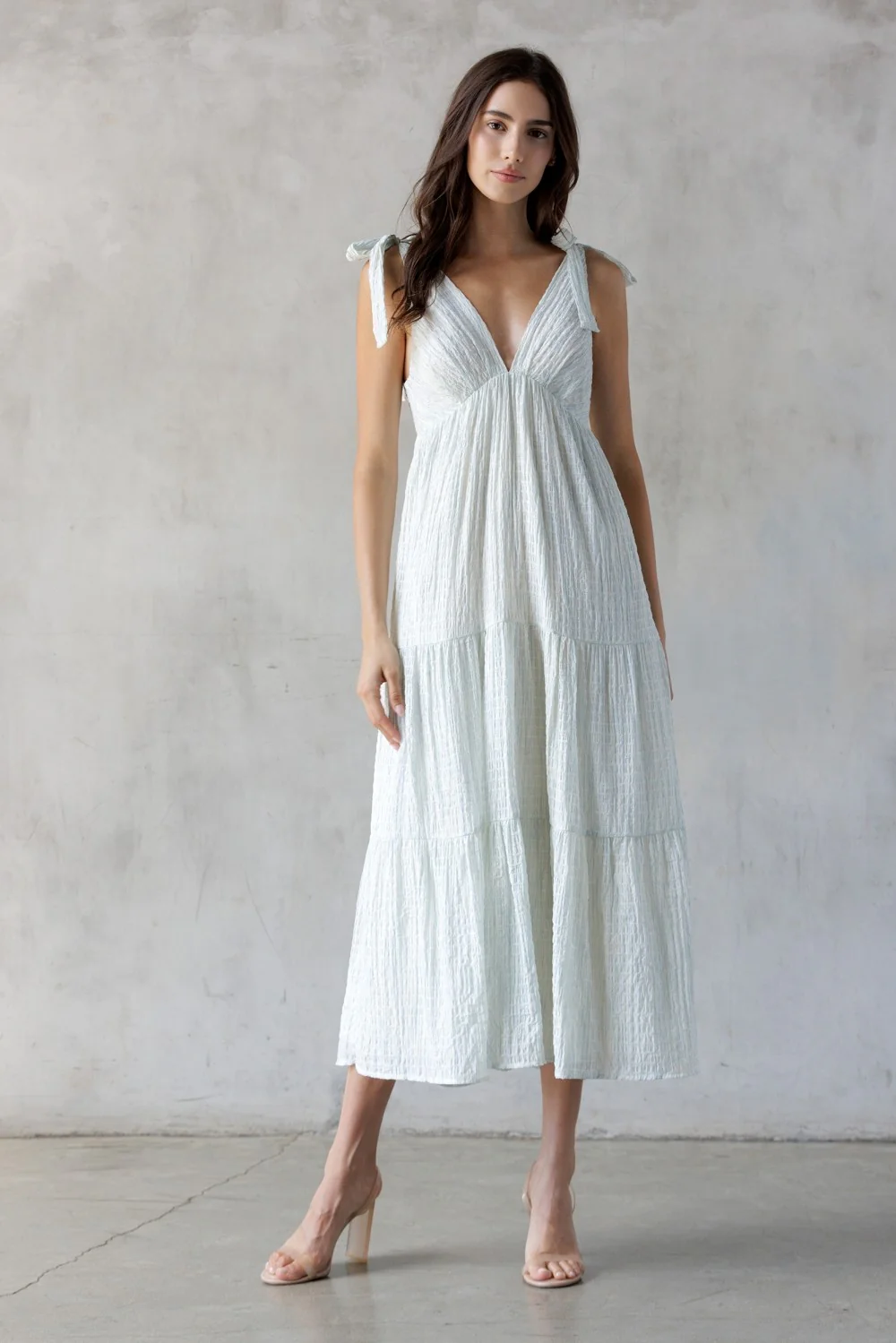 Light Blue V-Neck Shoulder Tie Maternity Midi Dress - Image 4