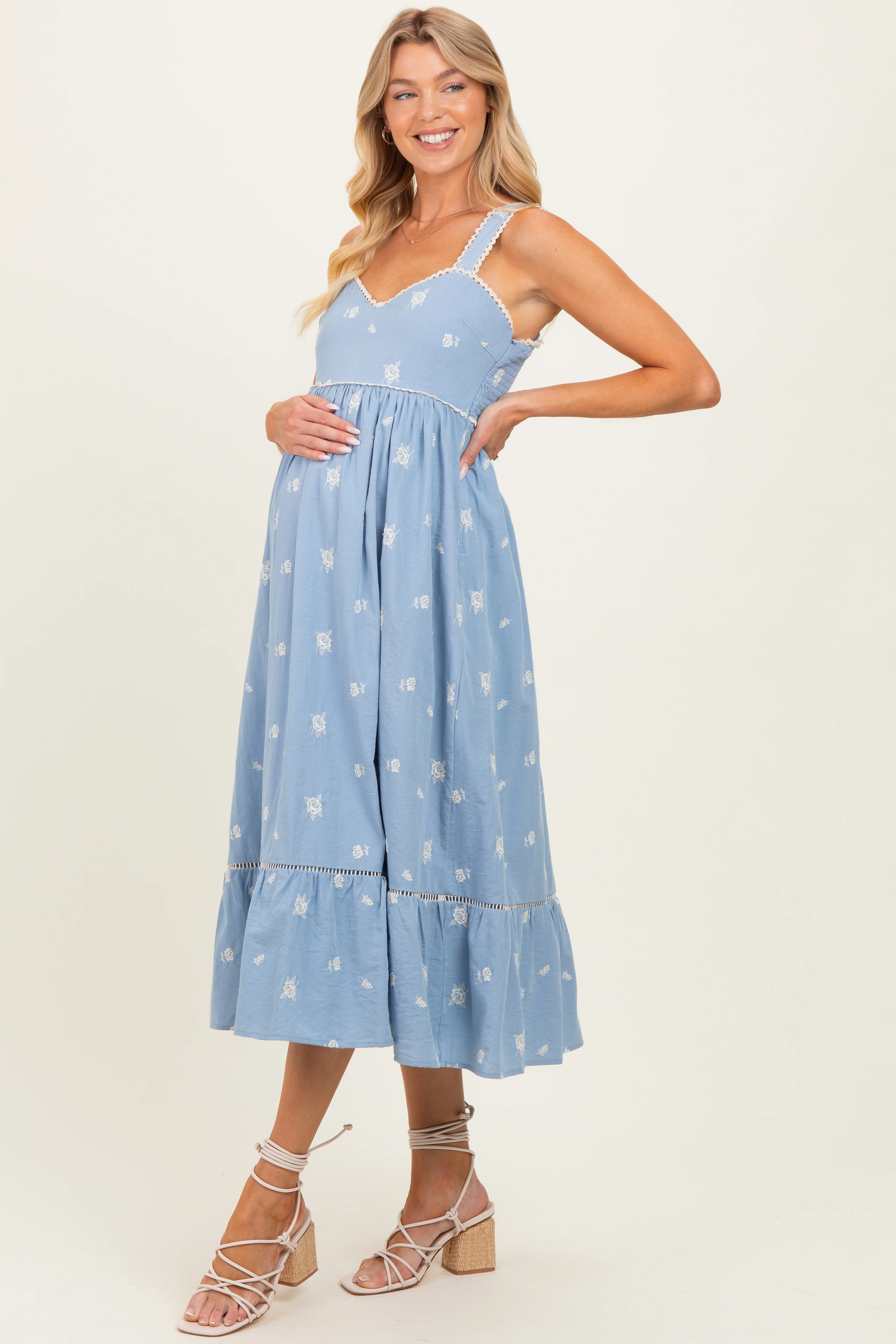Light Blue Vintage Floral Smocked Maternity Midi Dress - Image 3