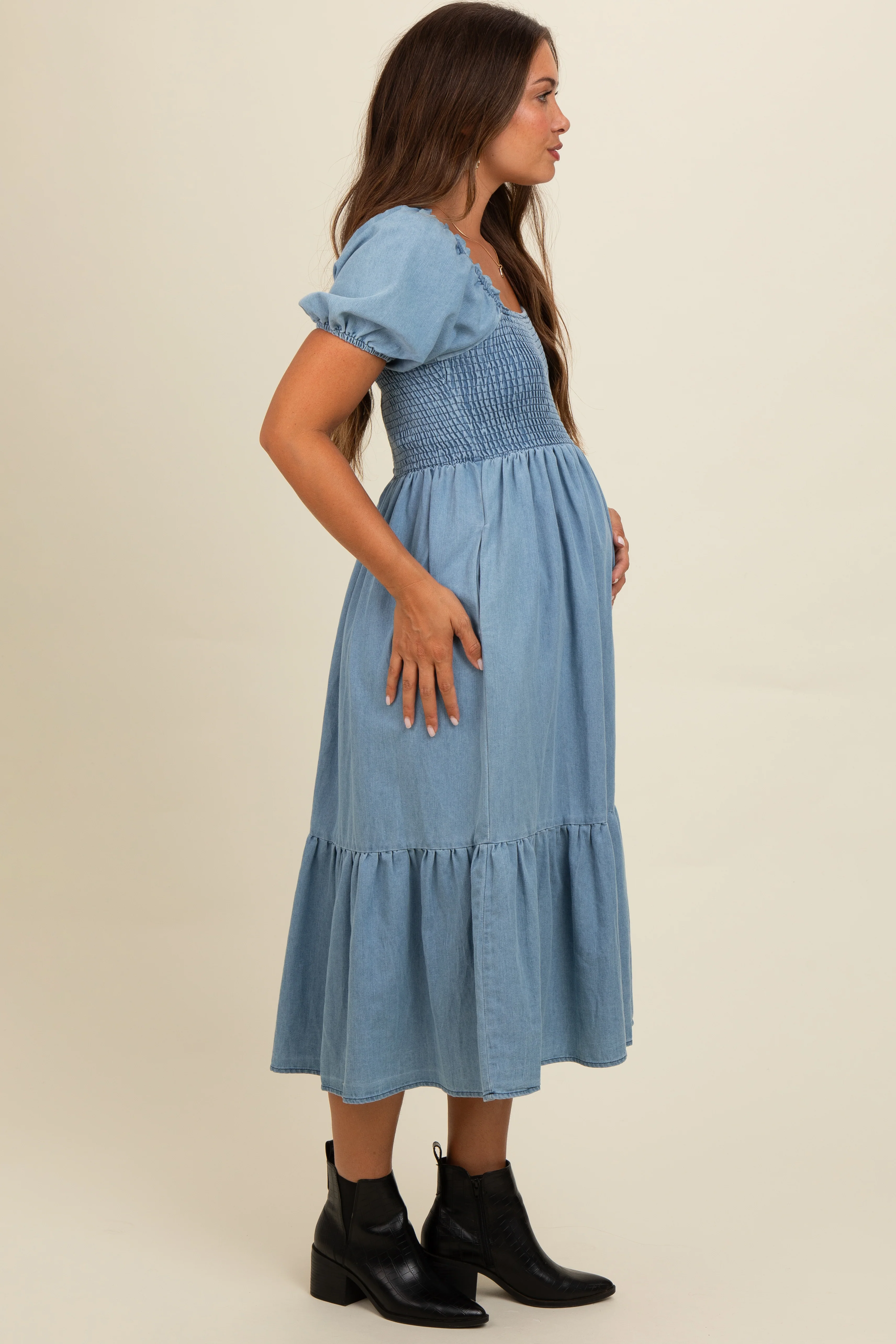 Light Blue Vintage Wash Chambray Smocked Maternity Midi Dress - Image 3