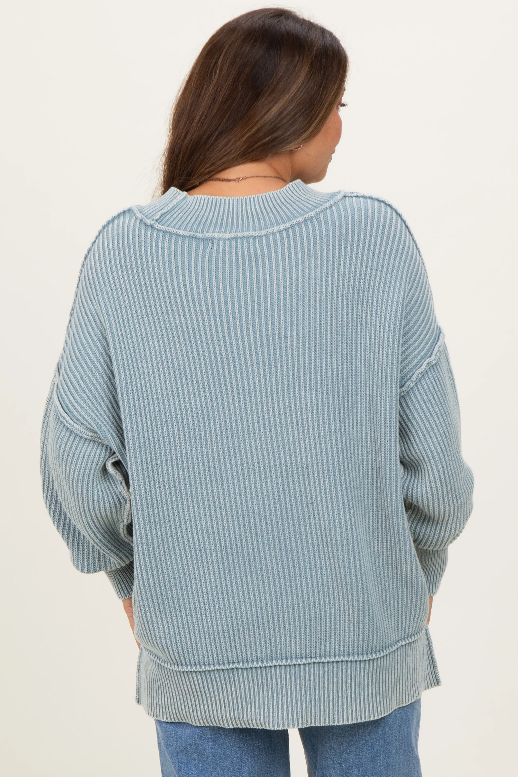 Light Blue Washed Side Slit Oversized Maternity Sweater - Image 4