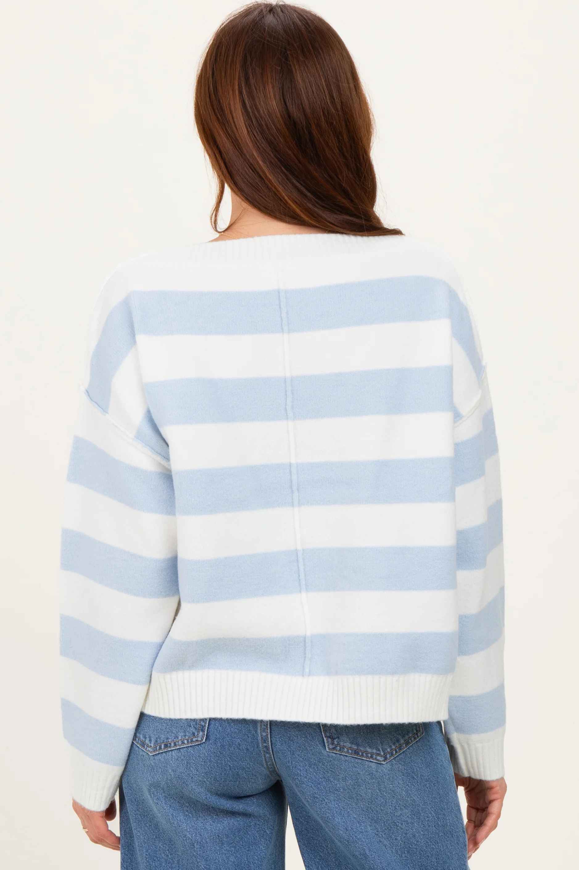 Light Blue Wide Stripe Boat Neck Sweater - Image 4