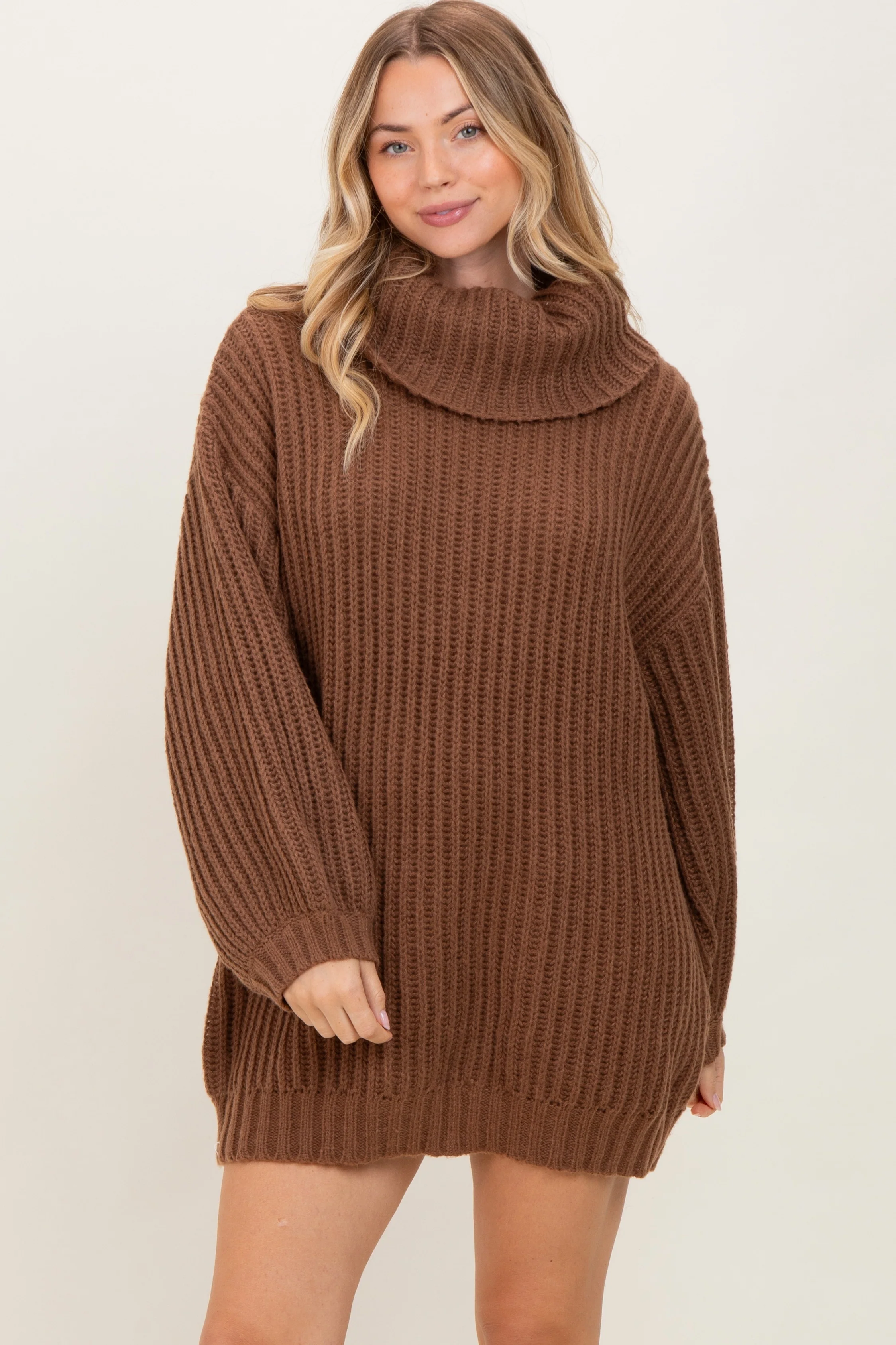 Light Brown Turtleneck Puff Sleeve Maternity Sweater Dress - Image 4