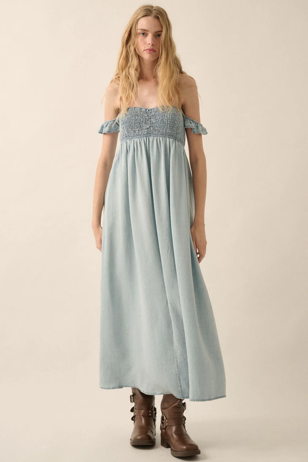 Light Chambray Smocked Denim Off-Shoulder Maternity Maxi Dress - Image 4