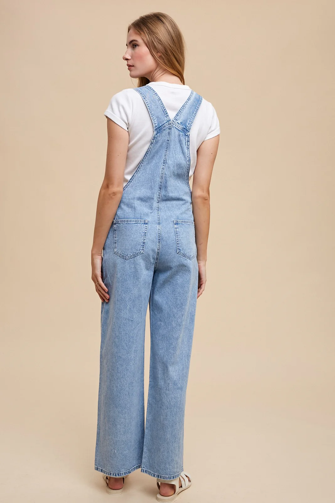 Light Denim Soft Mineral Wash Straight Wide Leg Overall Jeans - Image 4