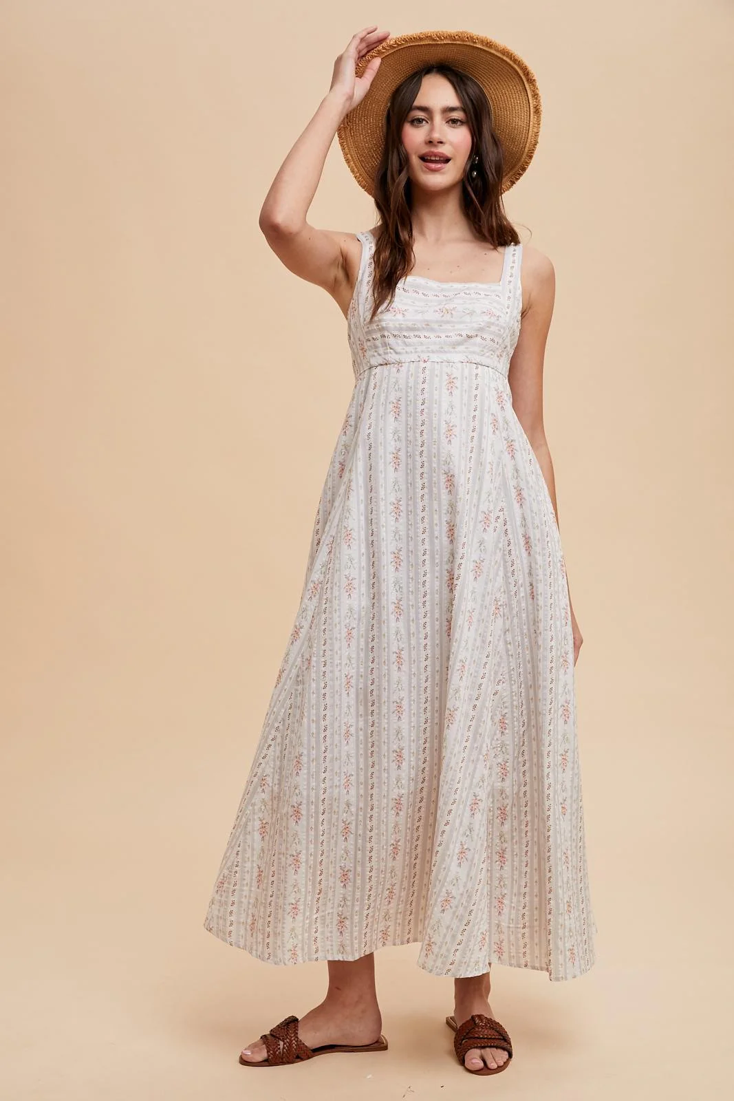 Light Gray Cotton Floral Square Neck Sleeveless Maxi Dress - Image 2