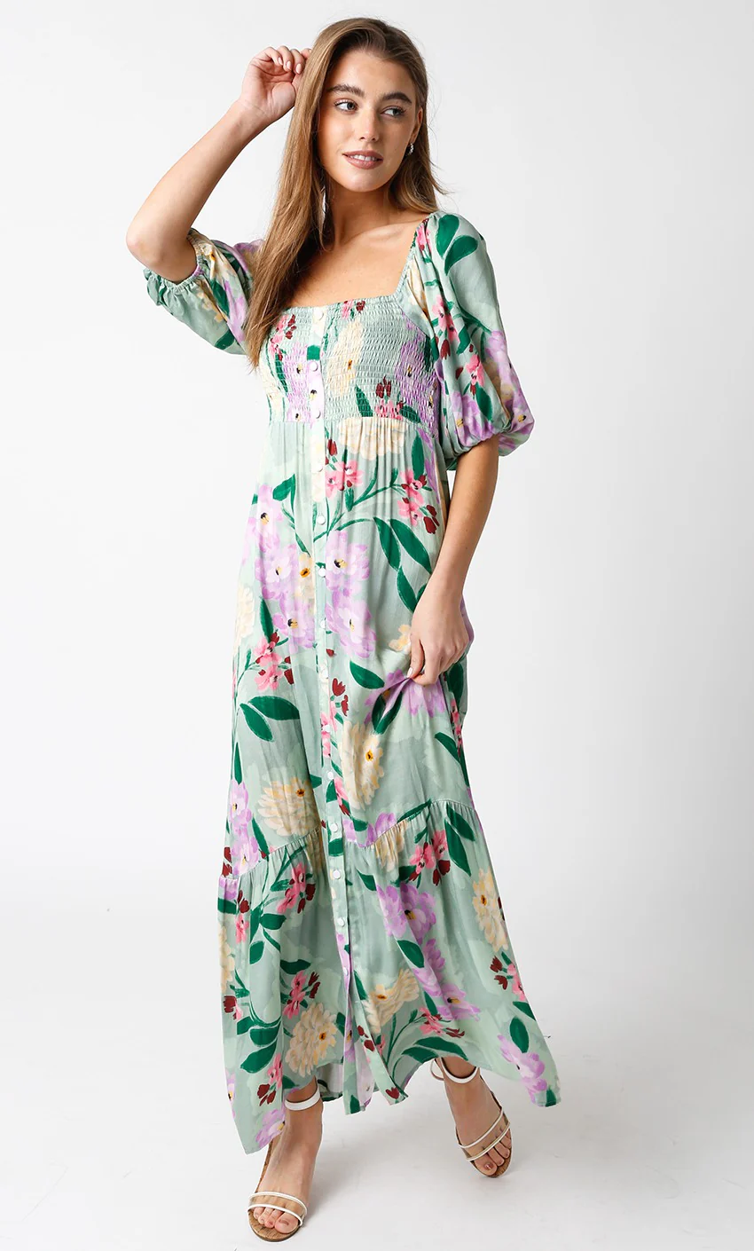 Light Green Floral Front Button Maternity Maxi Dress - Image 4