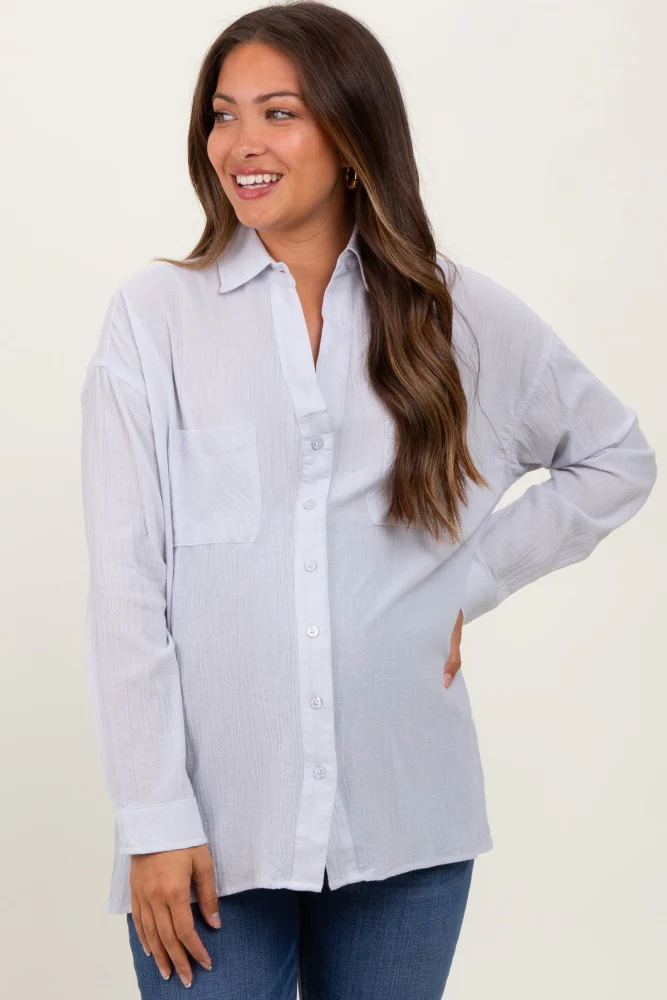 Light Grey Cotton Gauze Oversized Maternity Button Down Shirt - Image 3