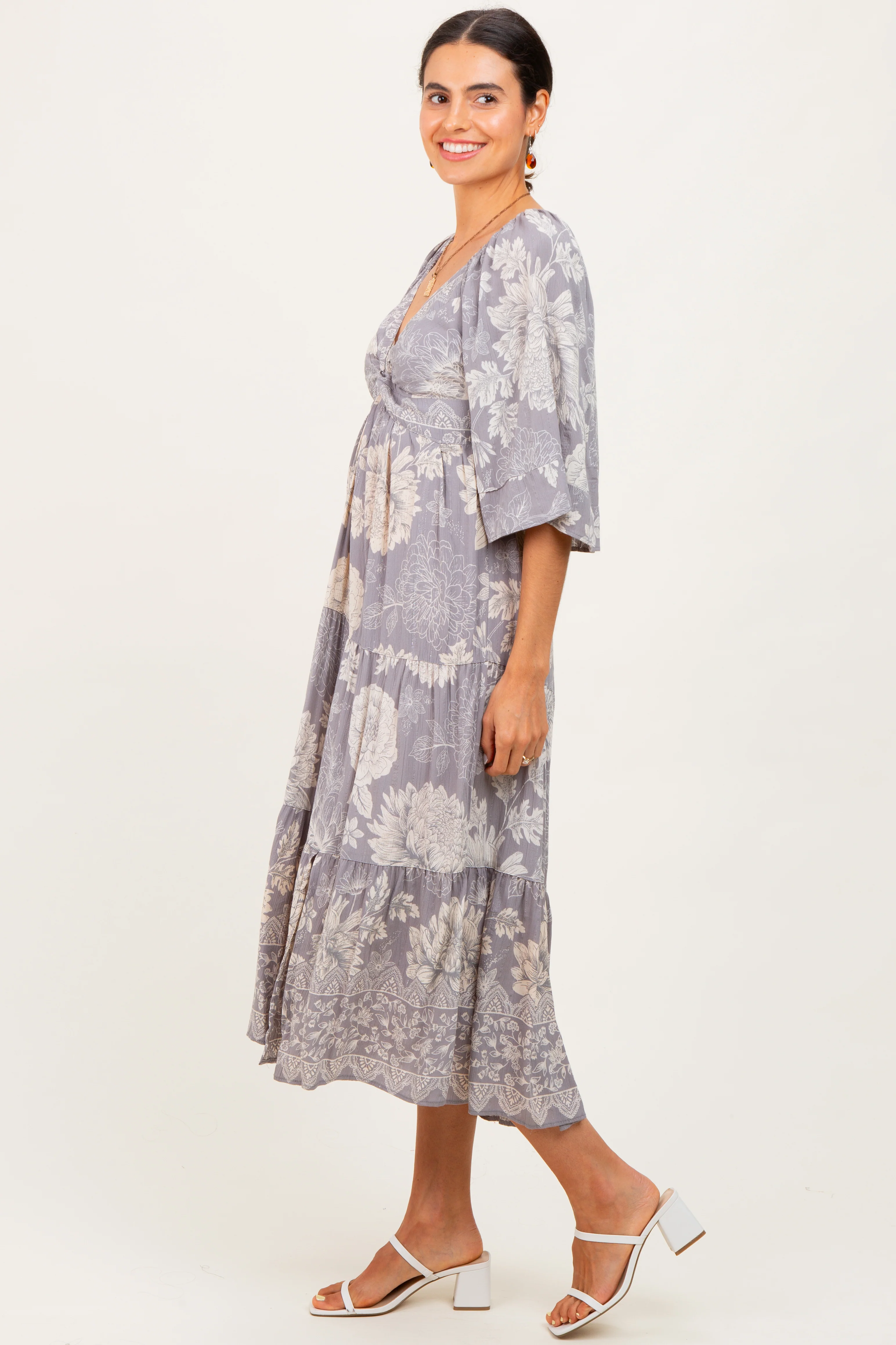 Light Grey Floral Twisted Front Tiered Midi Dress - Image 3