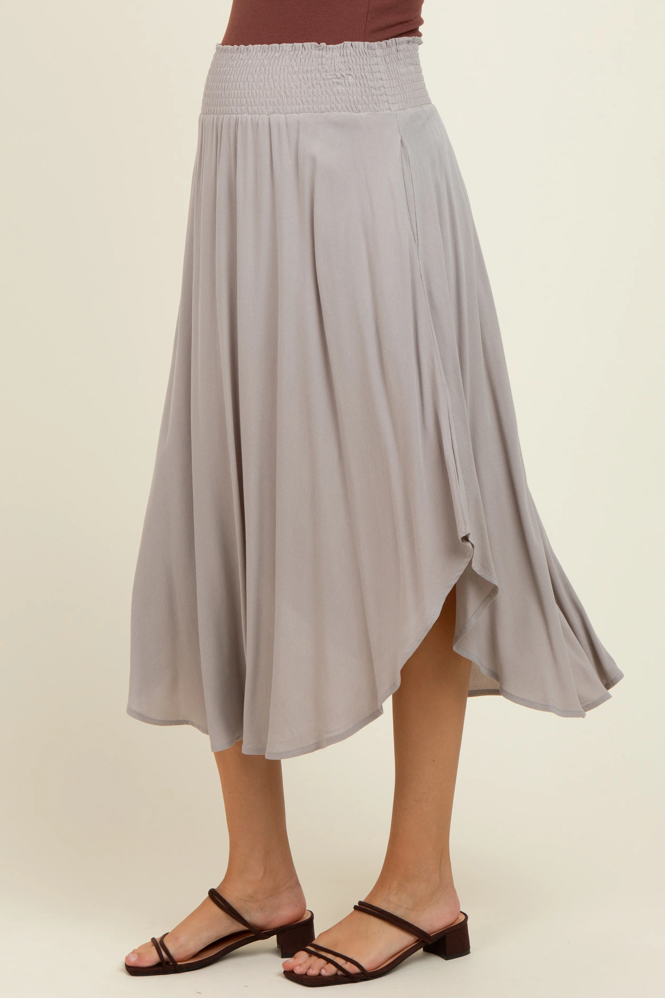 Light Grey Smocked Waist Rounded Hem Maternity Midi Skirt - Image 4