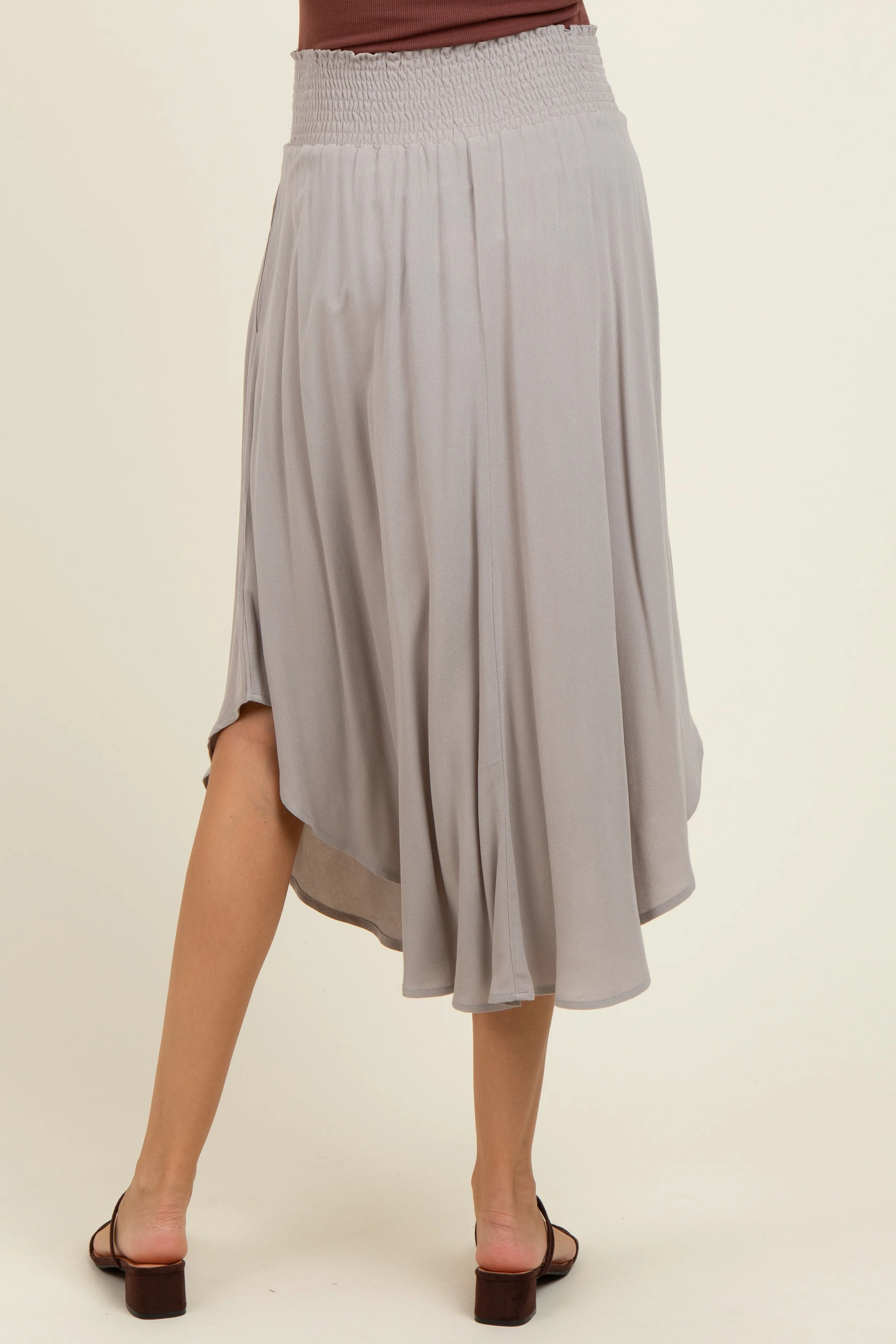Light Grey Smocked Waist Rounded Hem Maternity Midi Skirt - Image 5