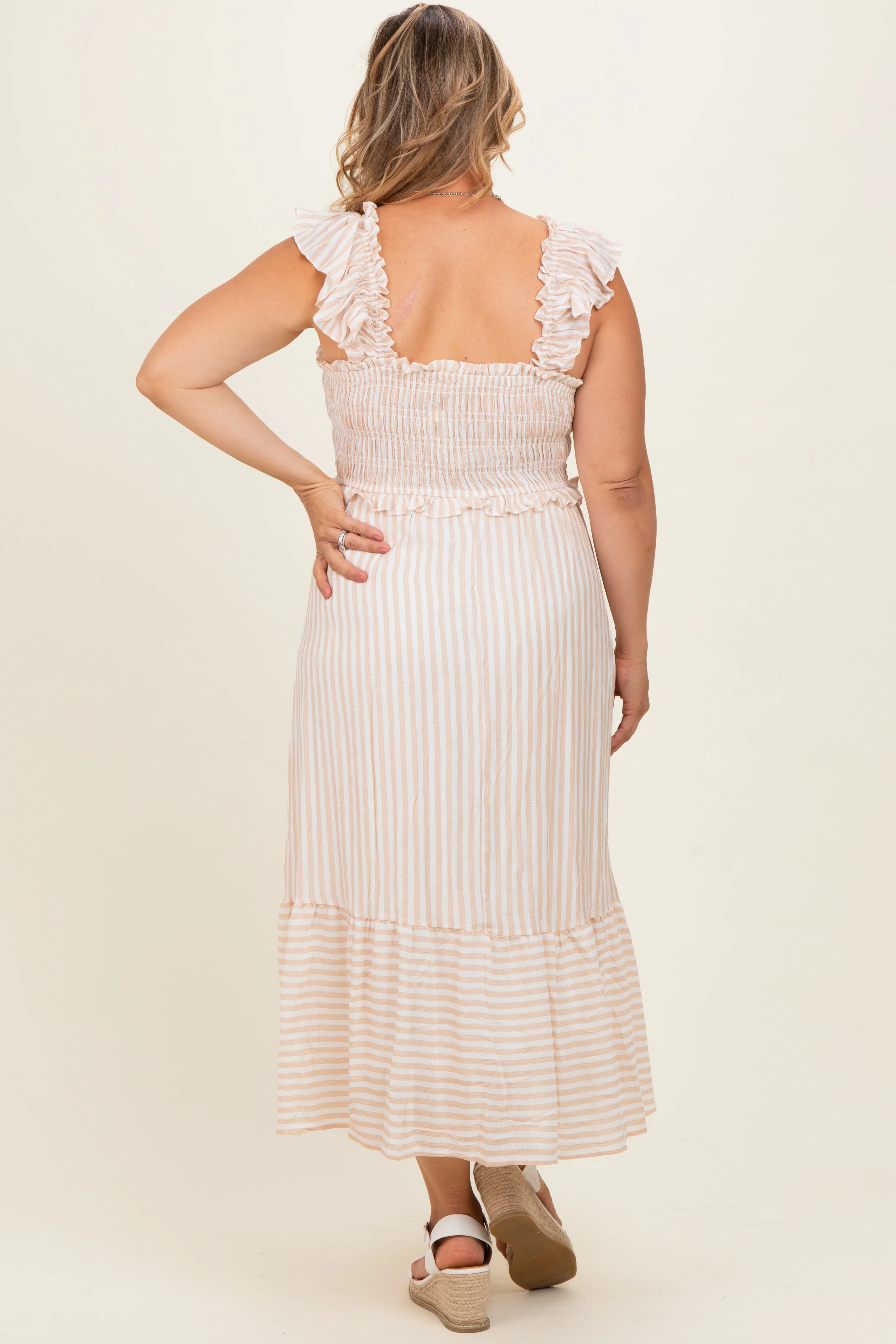 Light Khaki Striped Smocked Maternity Plus Midi Dress - Image 3