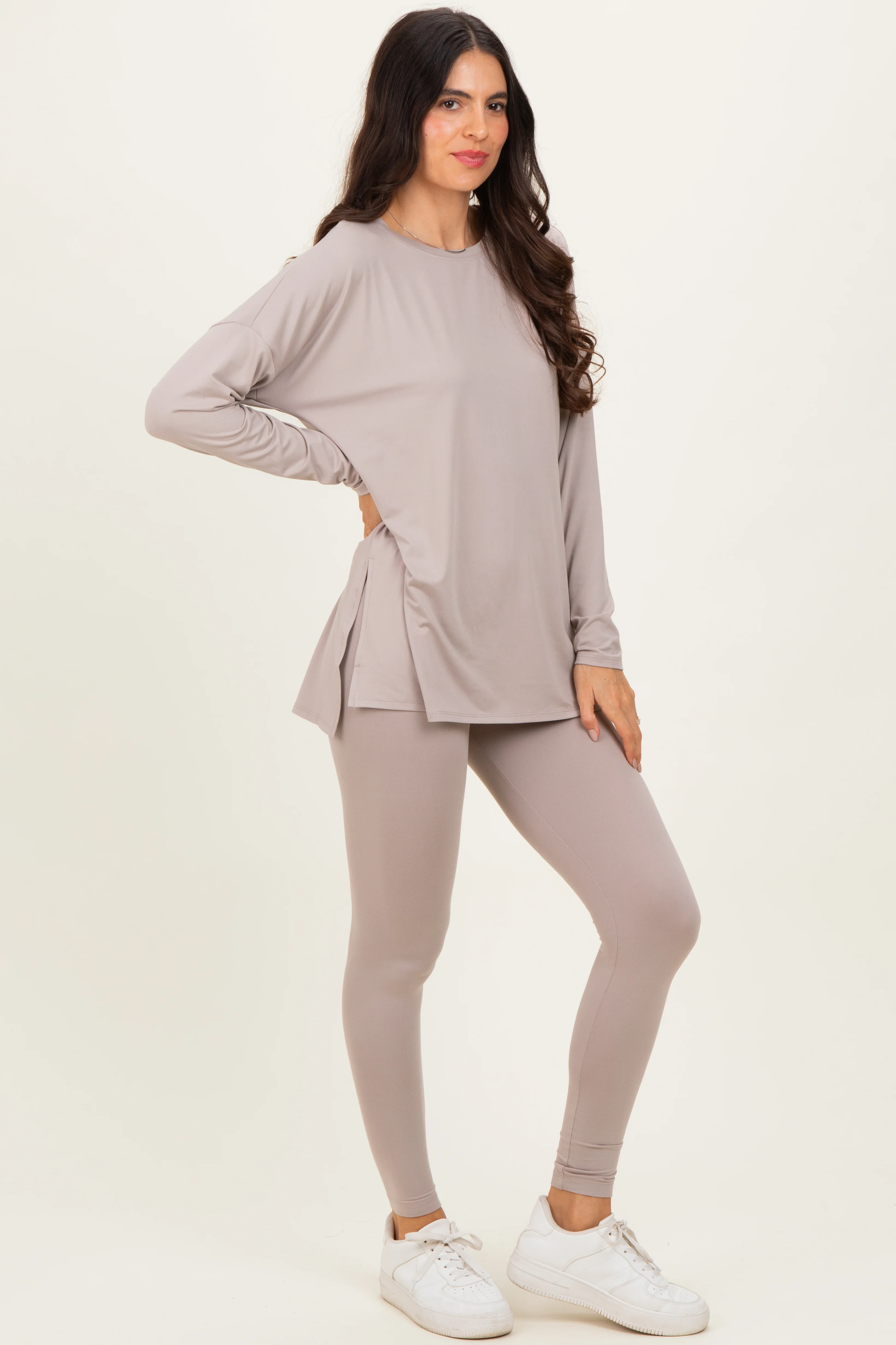 Light Mocha Brushed Knit Oversized Top and Legging Set - Image 3
