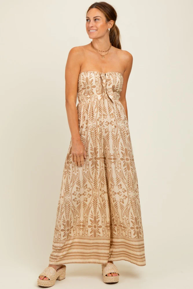 Light Mocha Printed Strapless Front Tie Maternity Jumpsuit - Image 5
