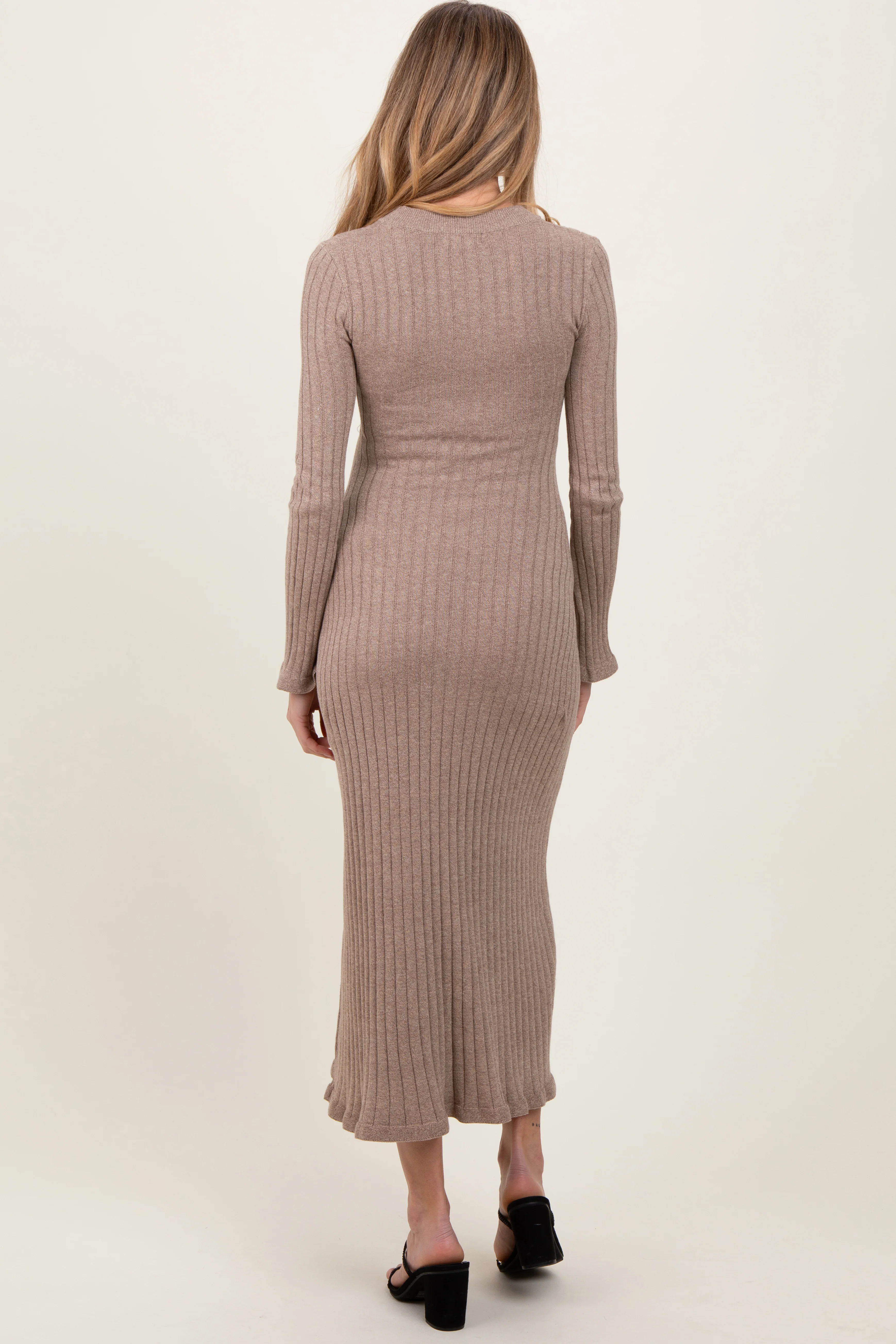 Light Mocha Ribbed Knit Maternity Midi Sweater Dress - Image 4