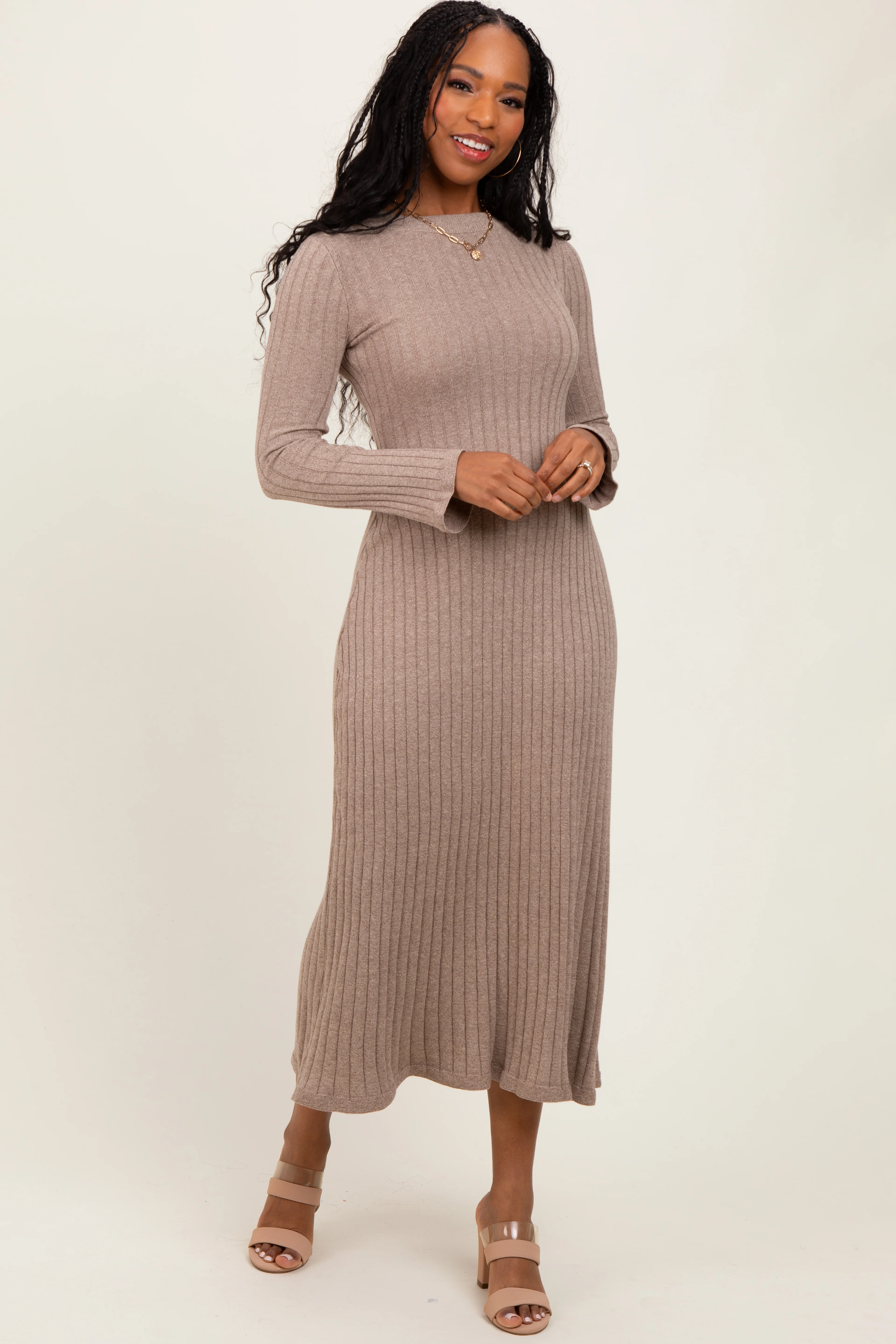 Light Mocha Ribbed Knit Midi Sweater Dress - Image 2
