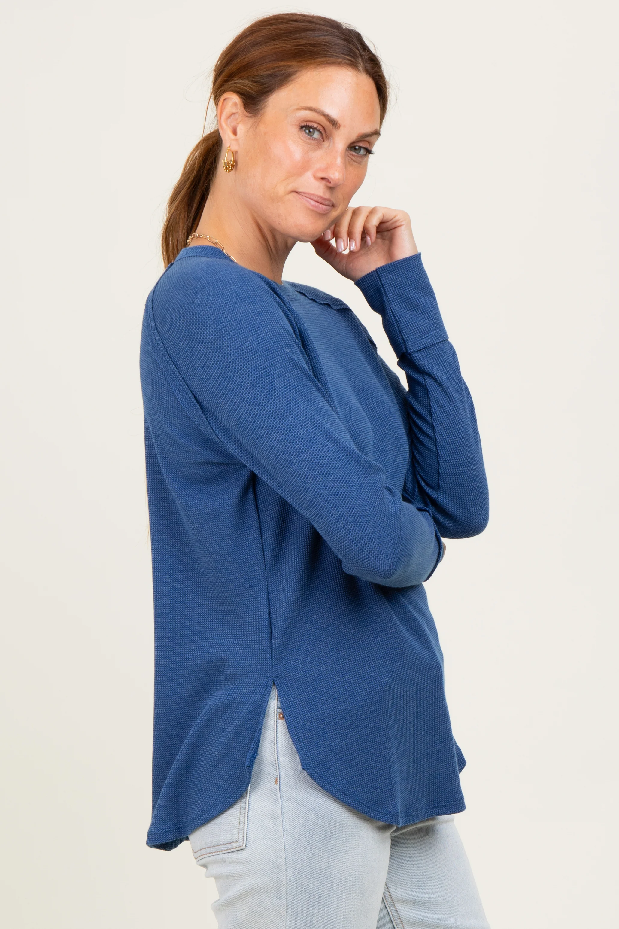 Light Navy Baby Waffle Knit Long Sleeve Top - Image 3