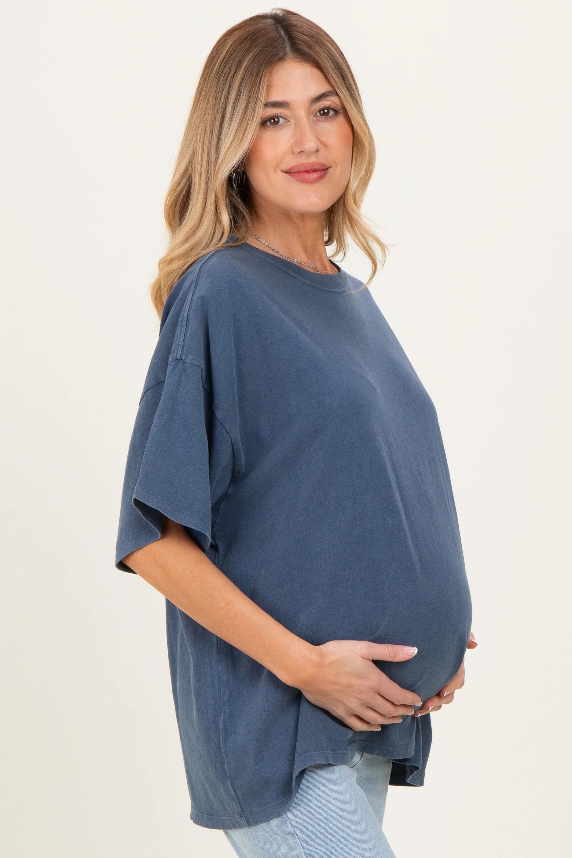 Light Navy Oversized Mineral Wash Maternity T-Shirt - Image 3