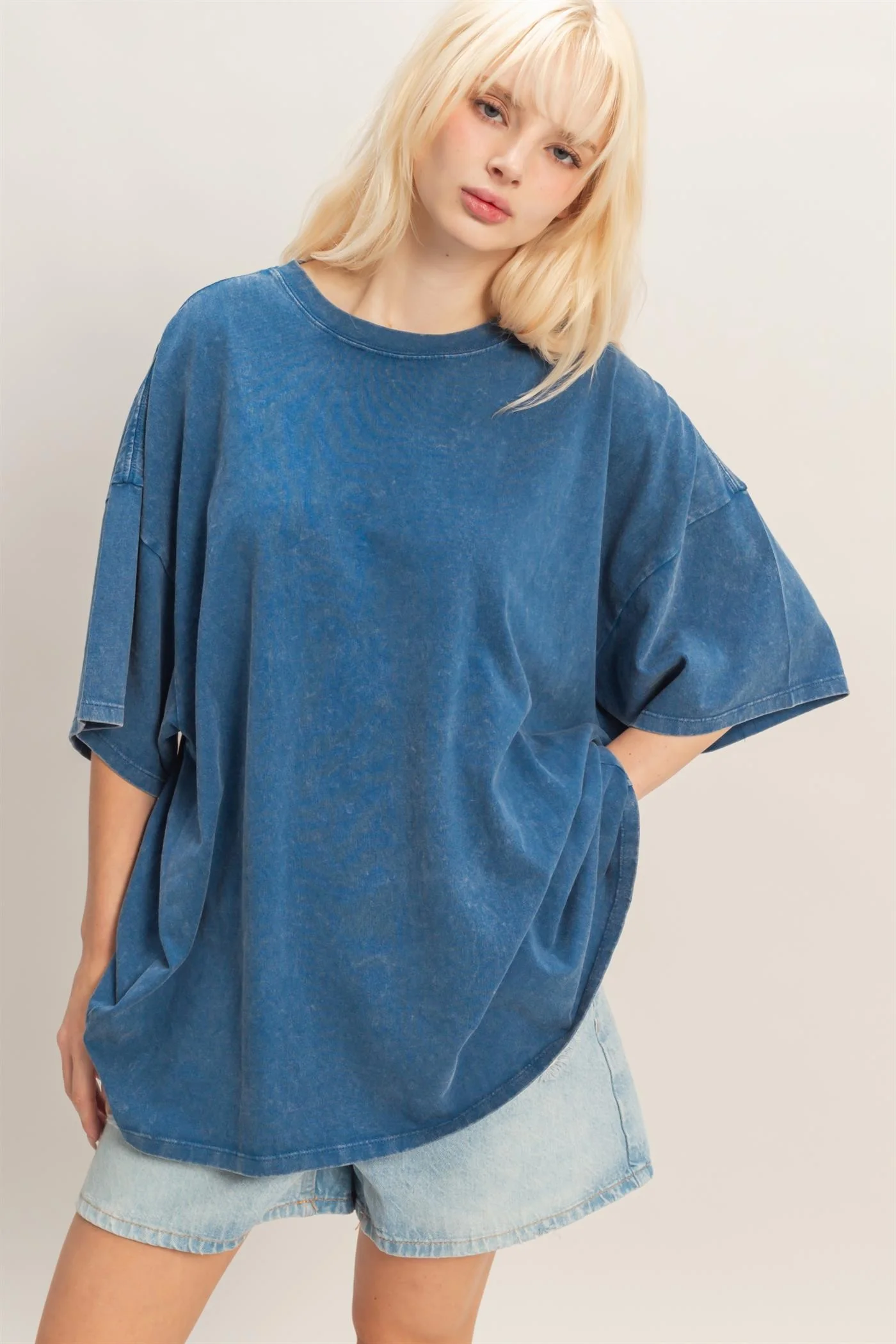 Light Navy Oversized Mineral Wash Maternity T-Shirt - Image 5