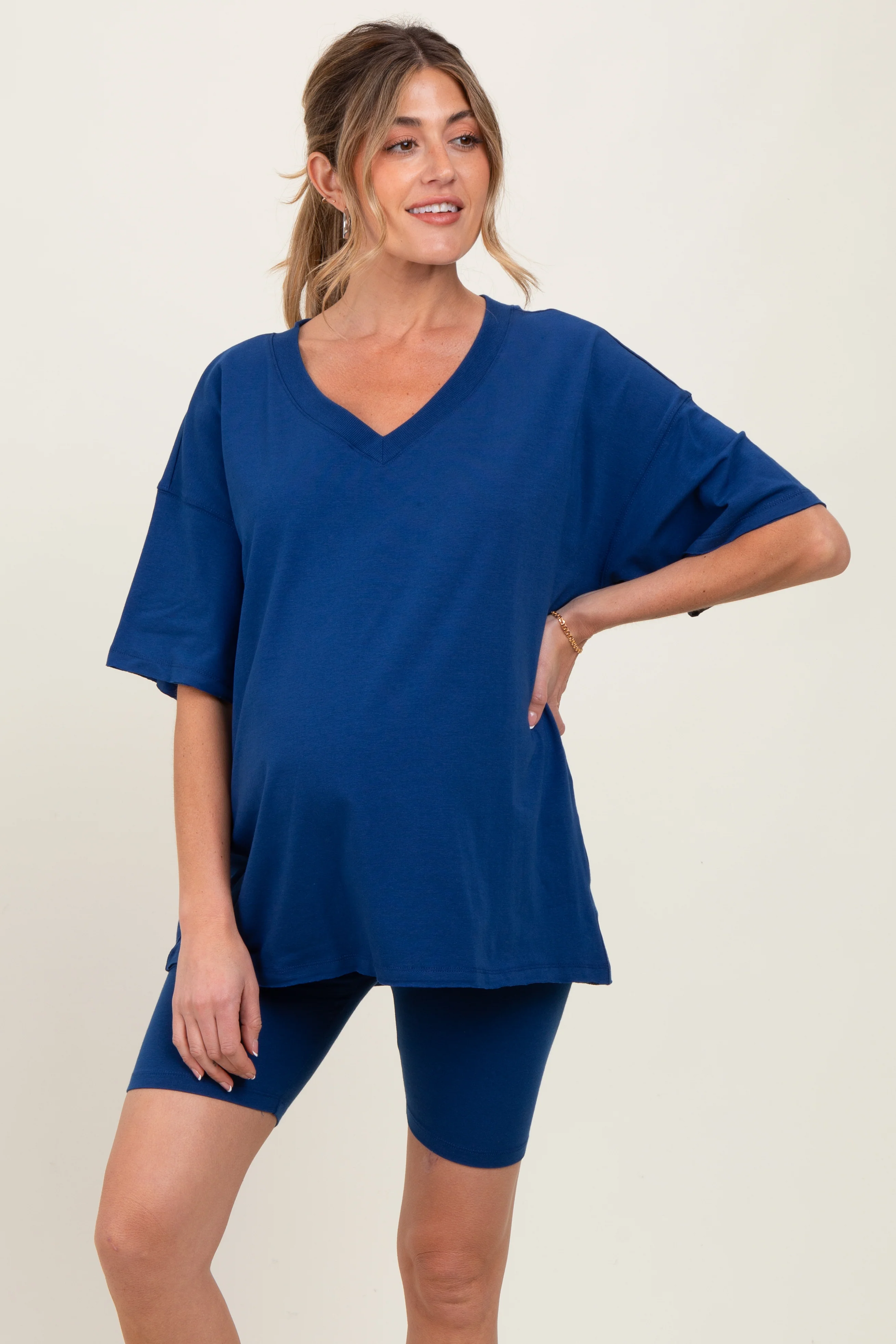 Light Navy Oversized V-Neck Biker Short Maternity Set - Image 2