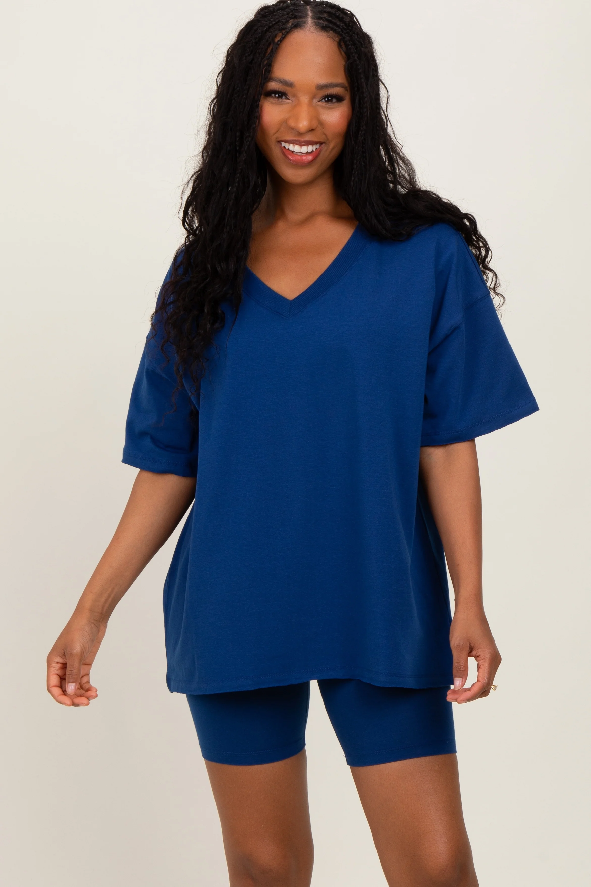 Light Navy Oversized V-Neck Biker Short Set - Image 2