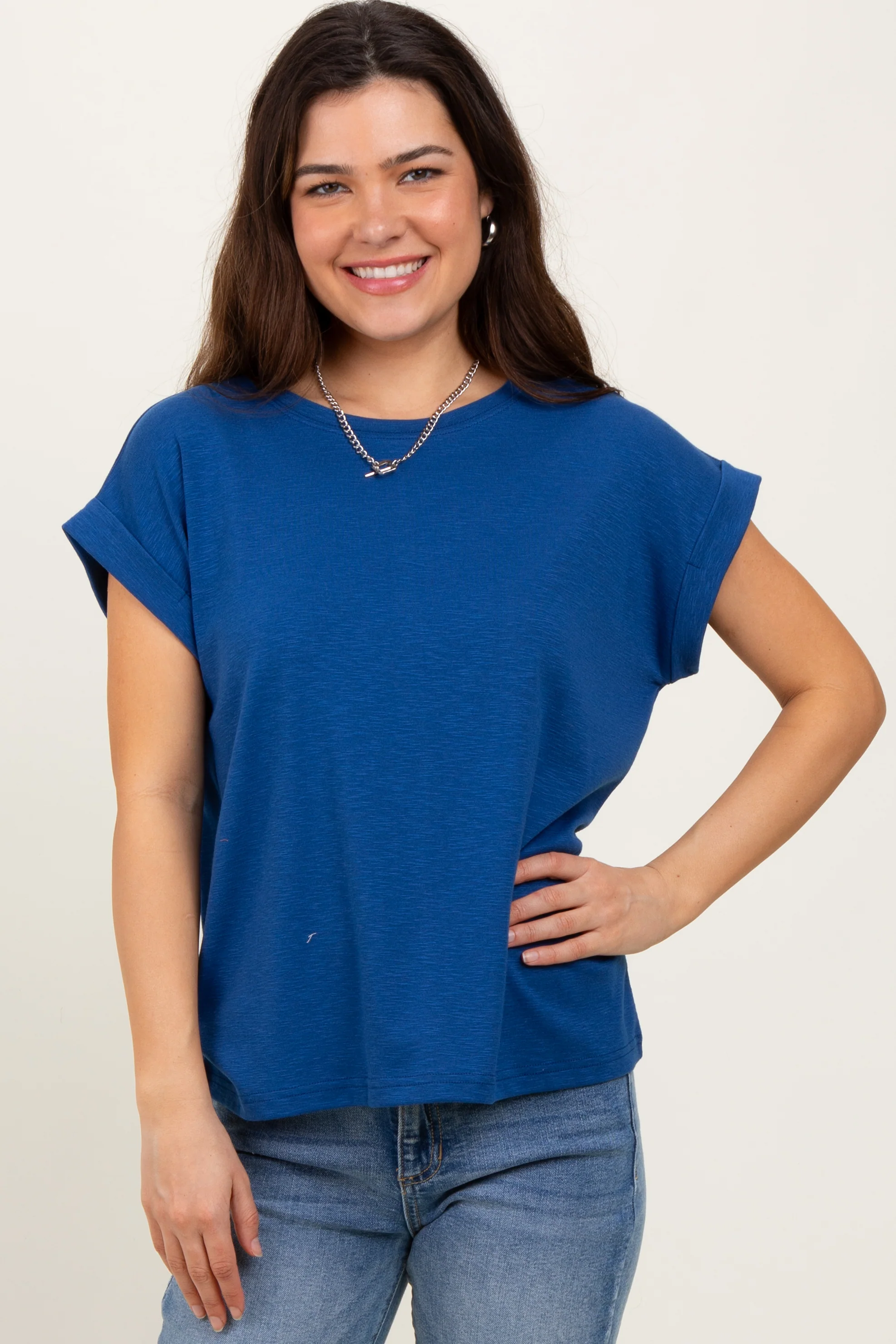Light Navy Rolled Short Sleeve Maternity Tee - Image 5
