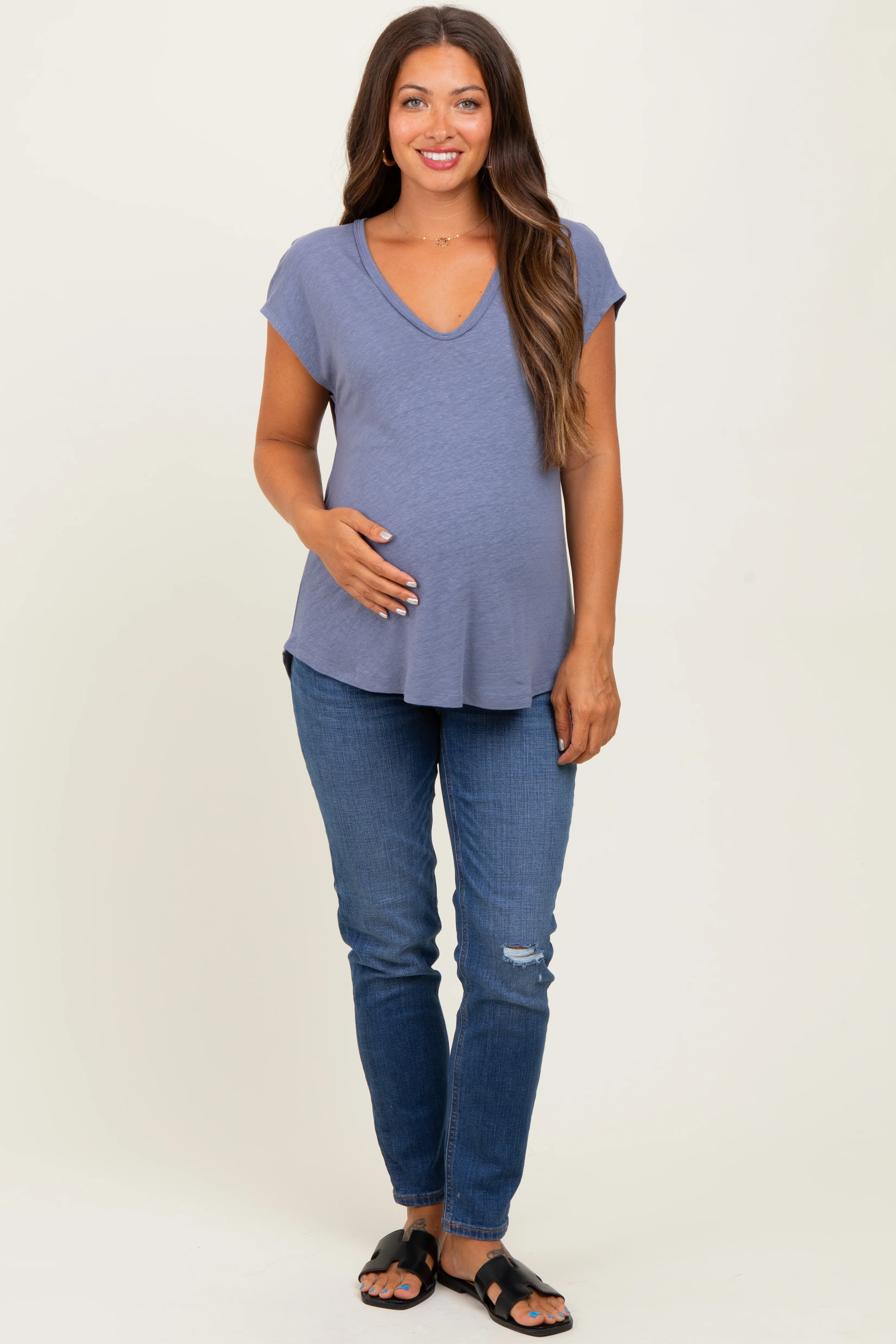 Light Navy V-Neck Maternity Top - Image 2