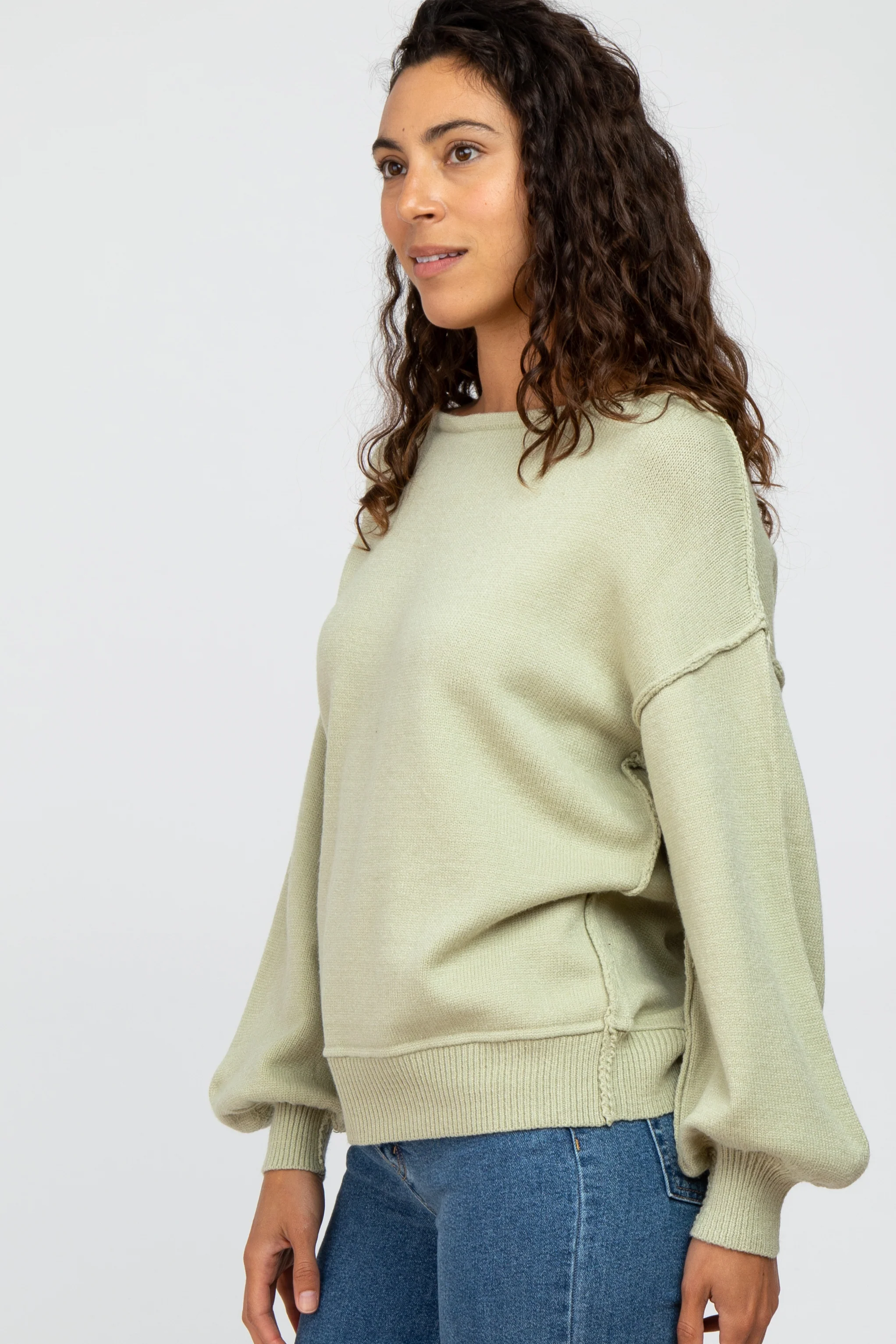 Light Olive Boat Neck Bubble Sleeve Sweater - Image 2