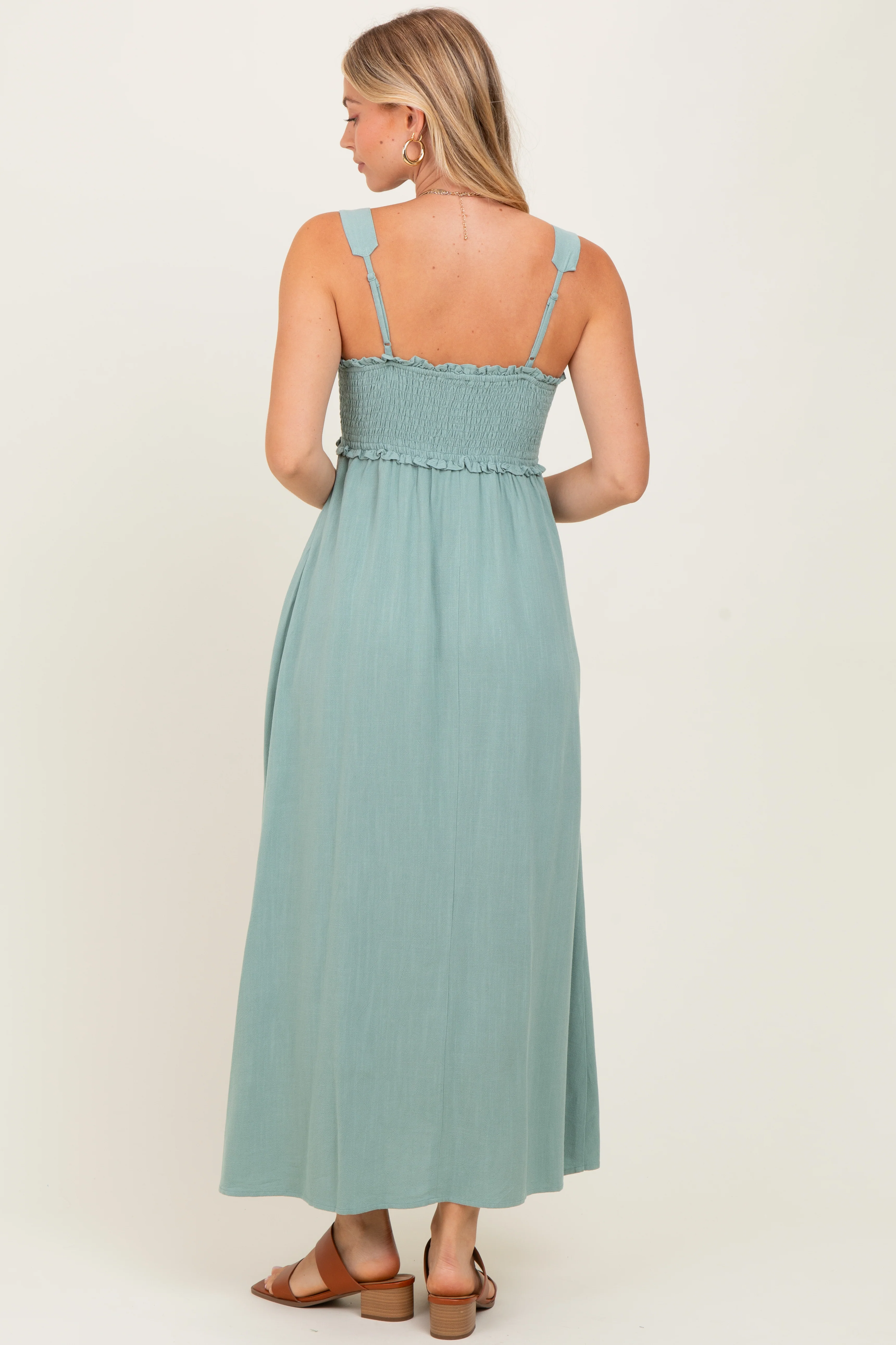 Light Olive Button Down Smocked Dress - Image 4