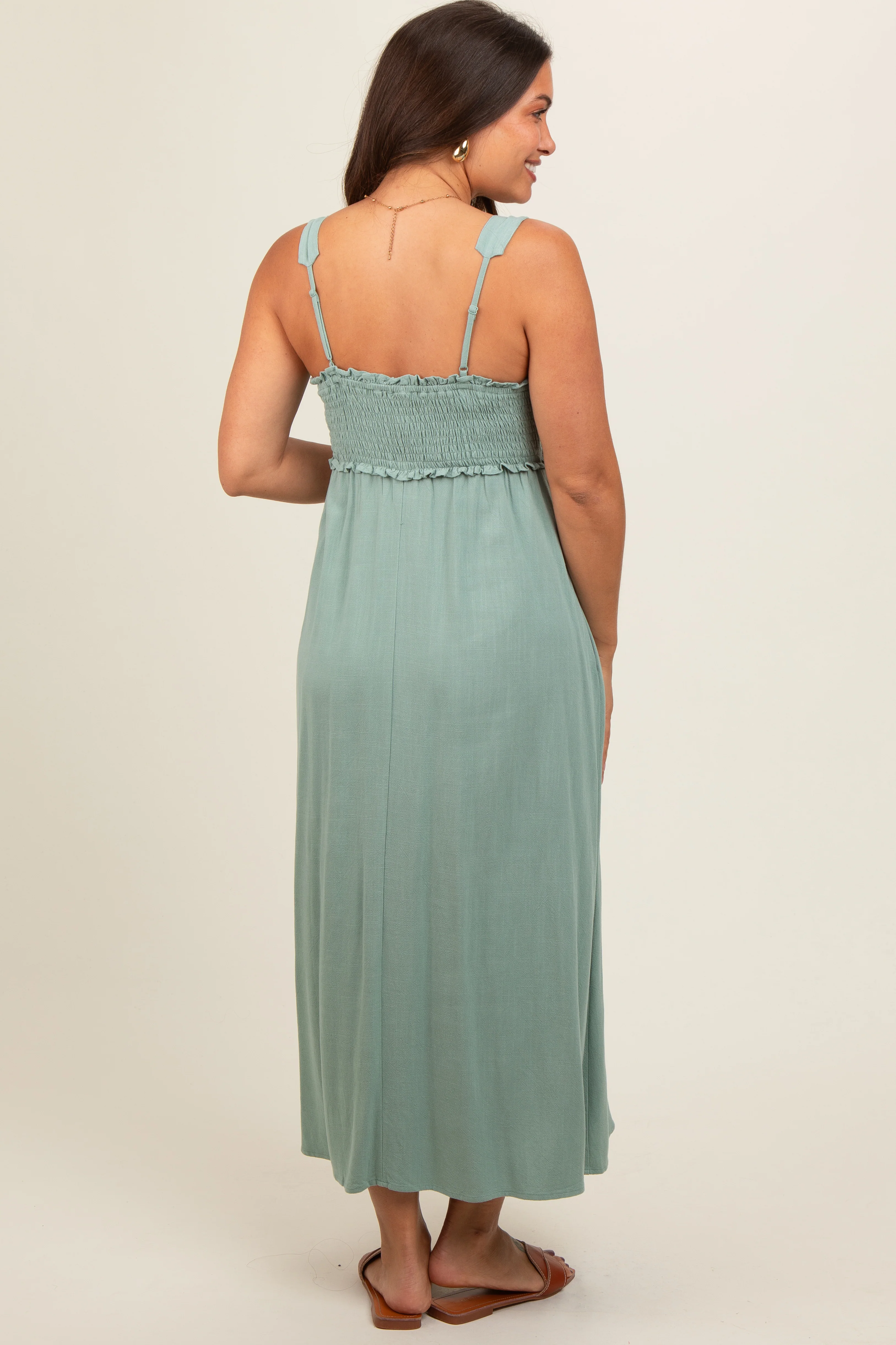 Light Olive Button Down Smocked Maternity Dress - Image 4