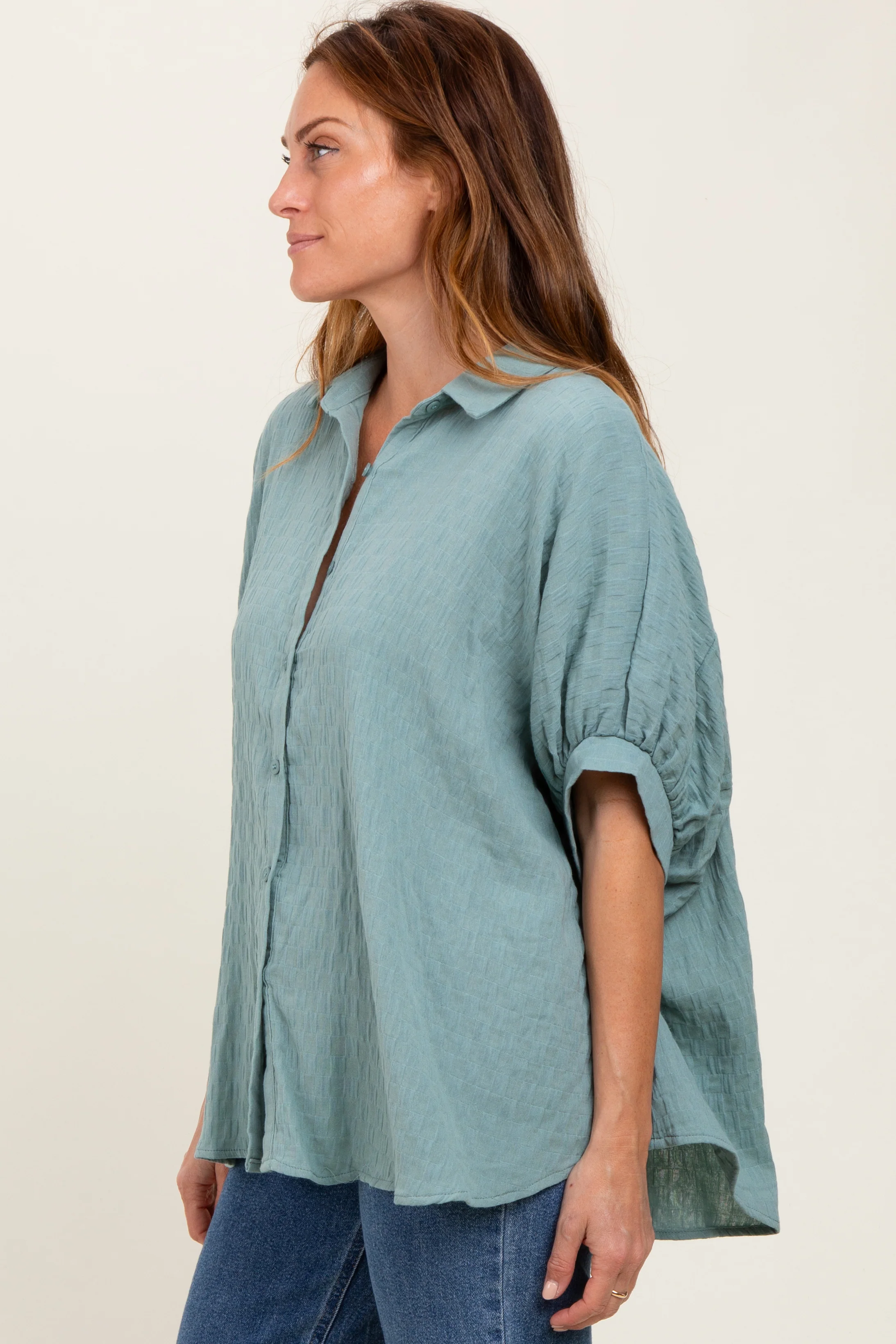 Light Olive Checker Print Short Sleeve Oversized Blouse - Image 3