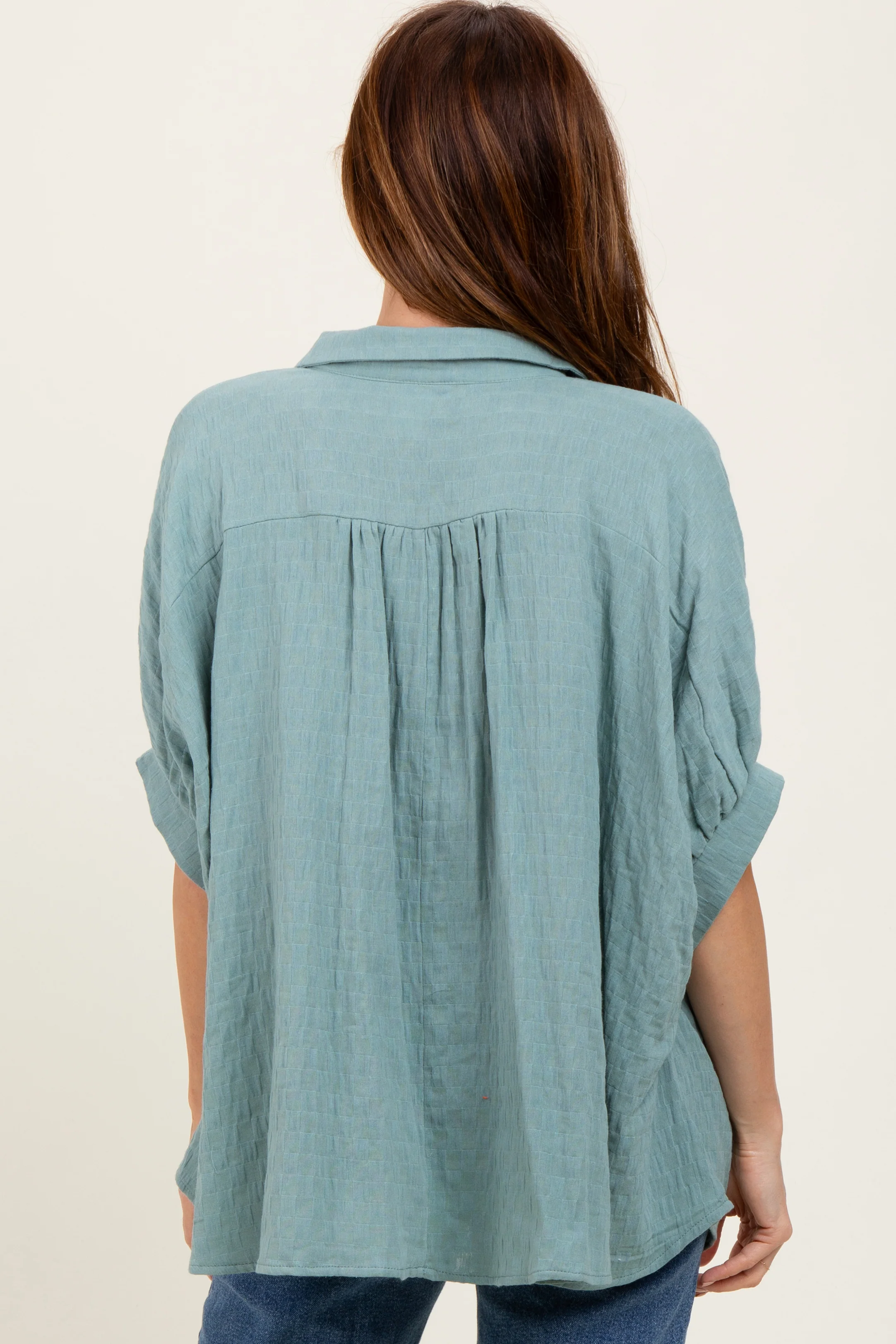 Light Olive Checker Print Short Sleeve Oversized Blouse - Image 4