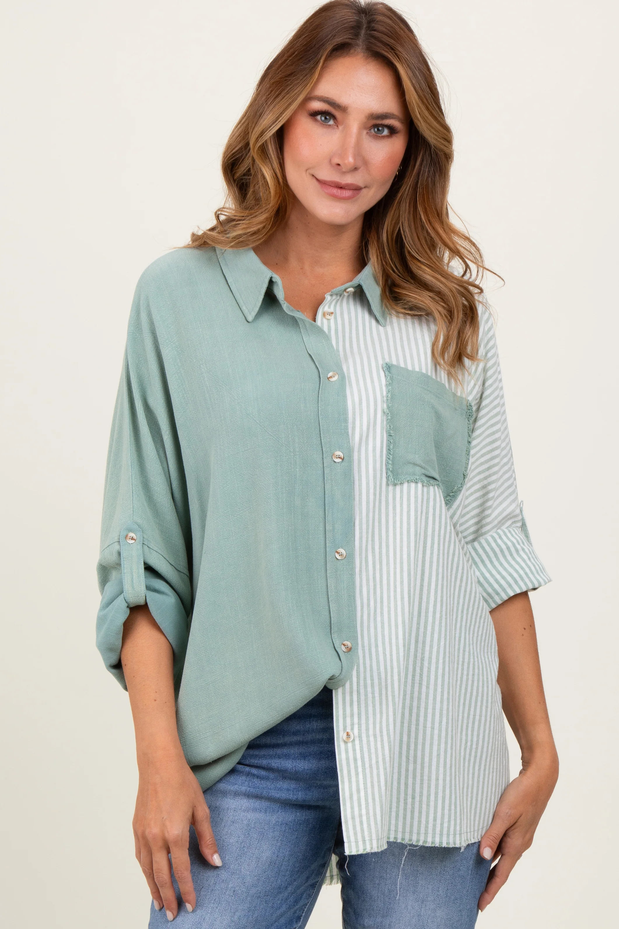 Light Olive Colorblock Stripe Oversized Maternity Button Down - Image 5