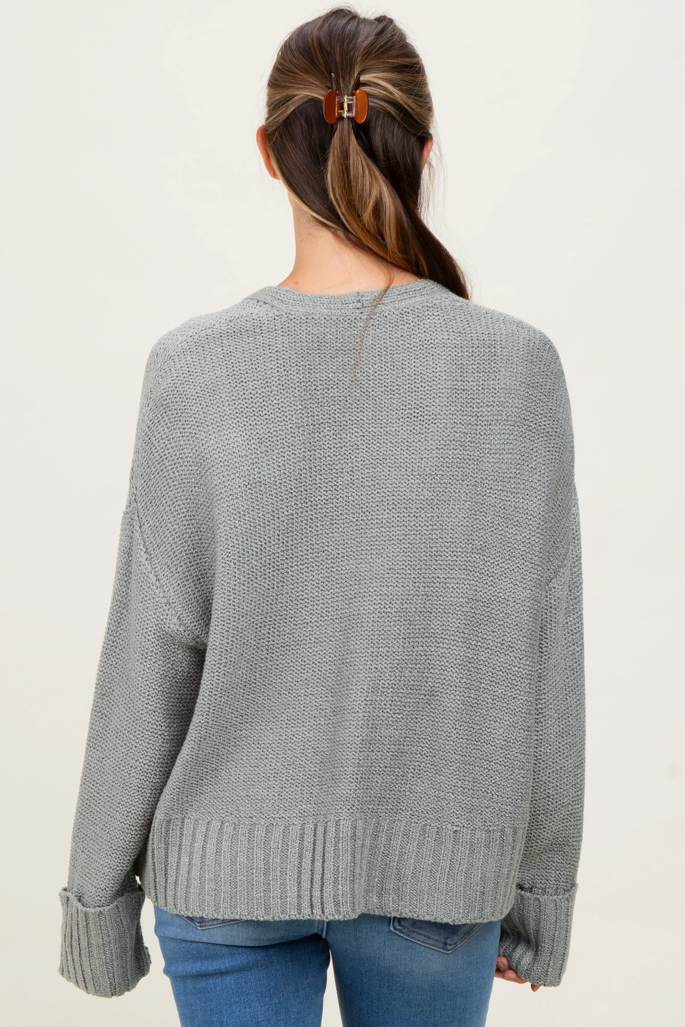 Light Olive Contrast Knit Open Maternity Cardigan - Image 3