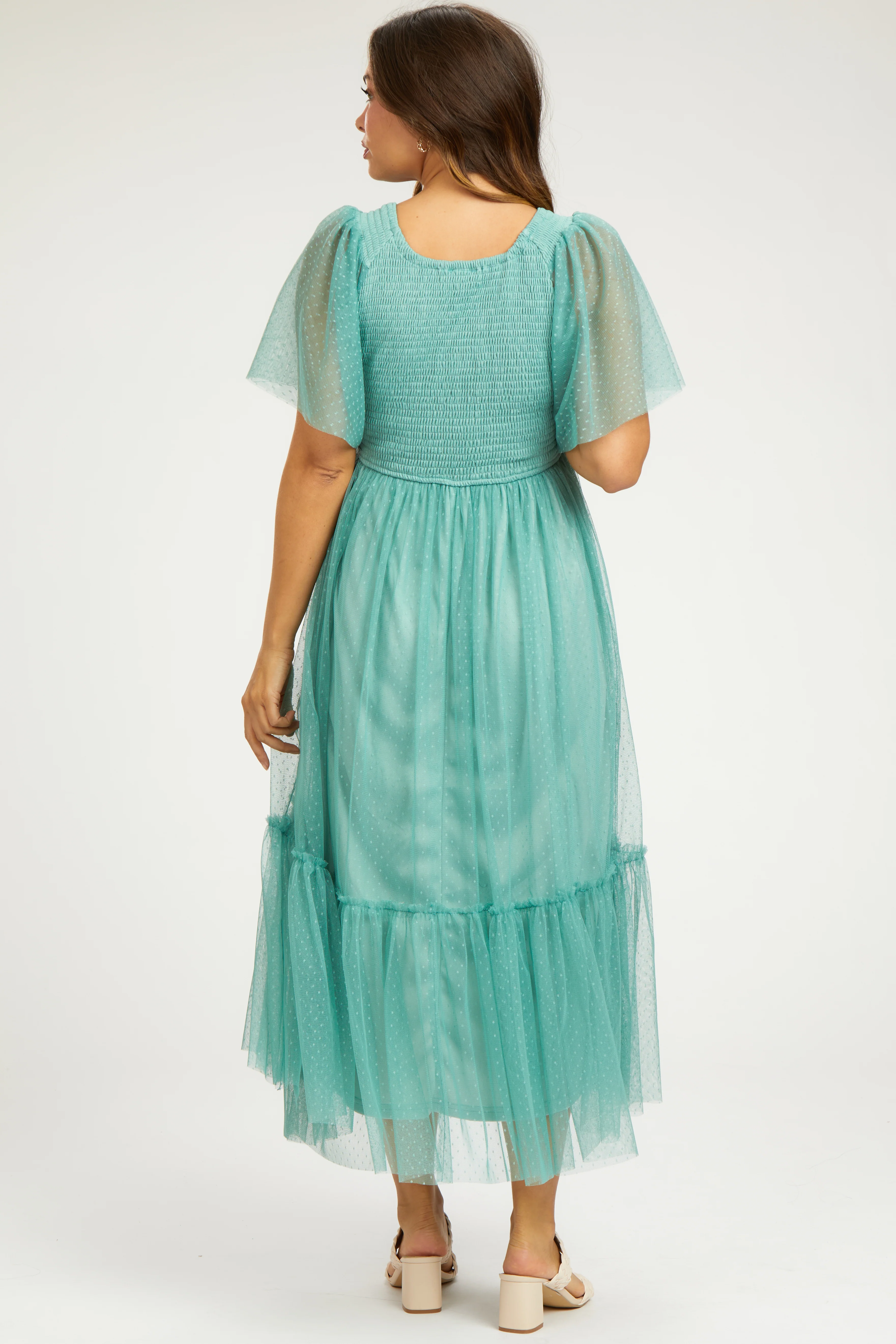 Light Olive Dotted Tulle Smocked Maternity Midi Dress - Image 3