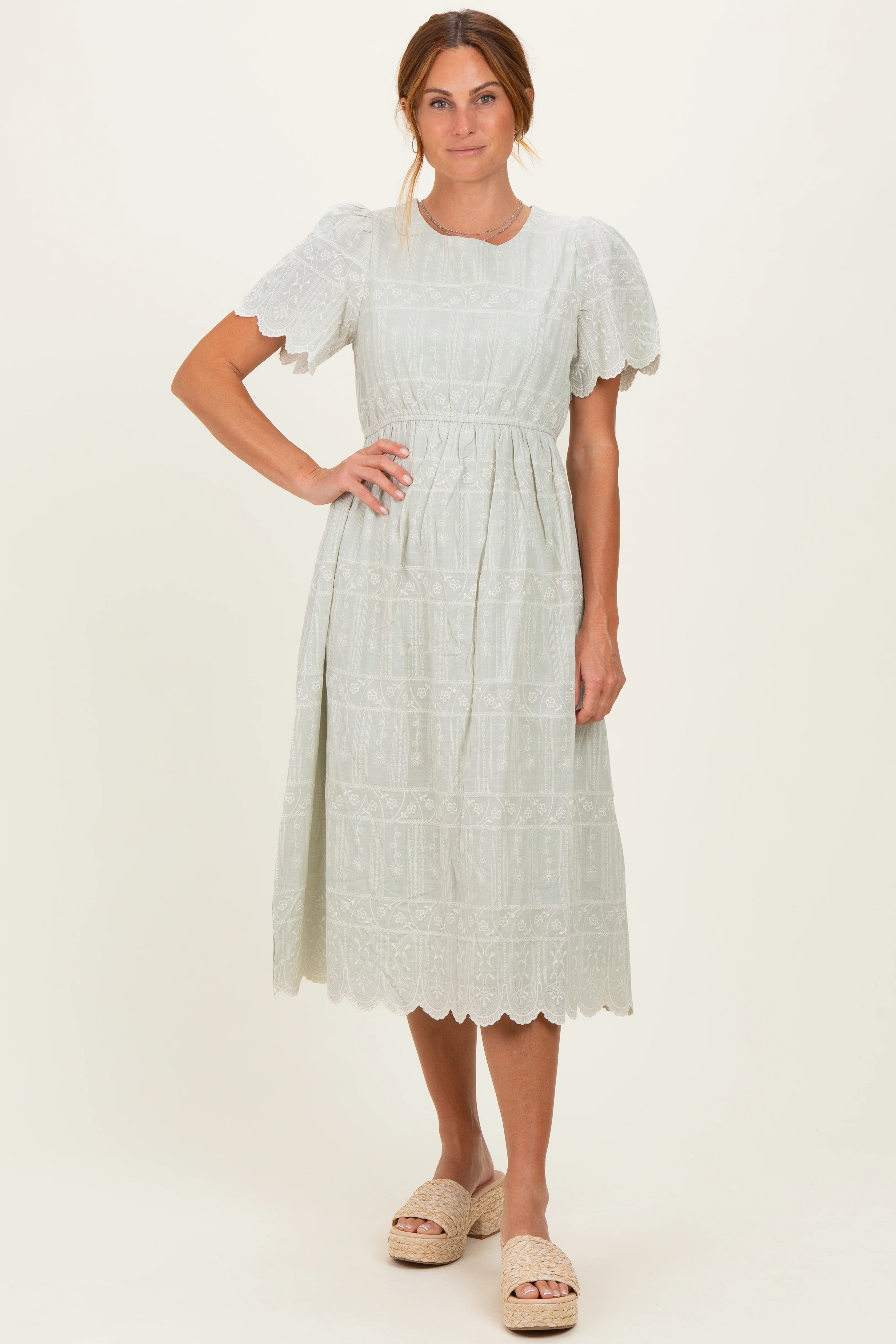 Light Olive Embroidered Floral Maternity Midi Dress - Image 5