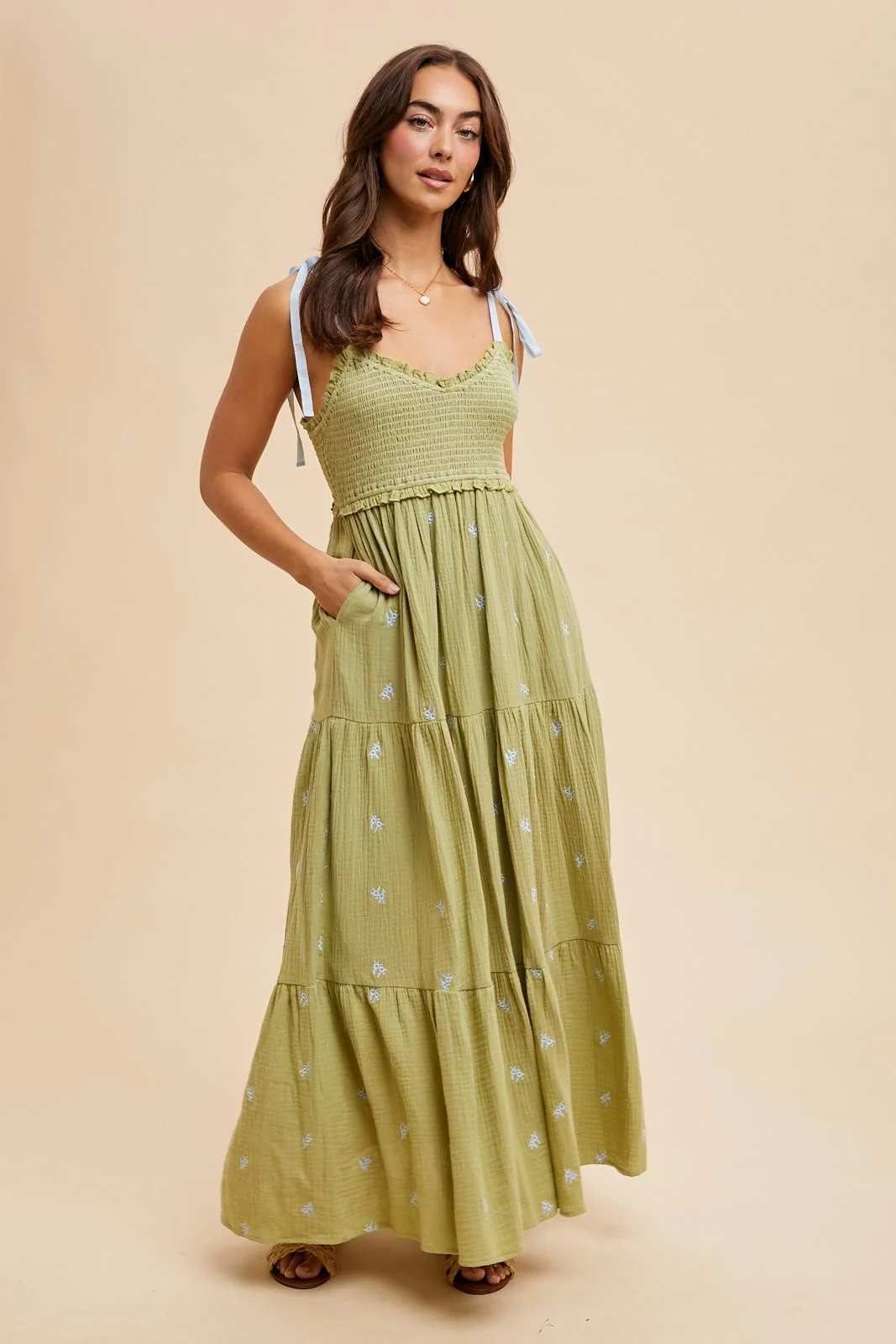 Light Olive Embroidered Smocked Shoulder Tie Maxi Dress - Image 3