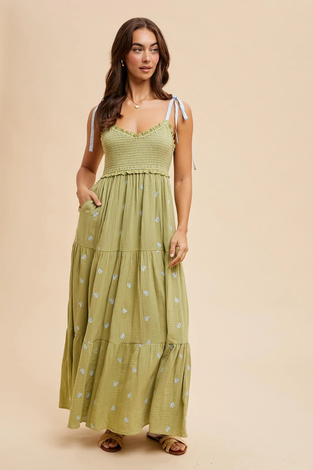Light Olive Embroidered Smocked Shoulder Tie Maxi Dress - Image 4