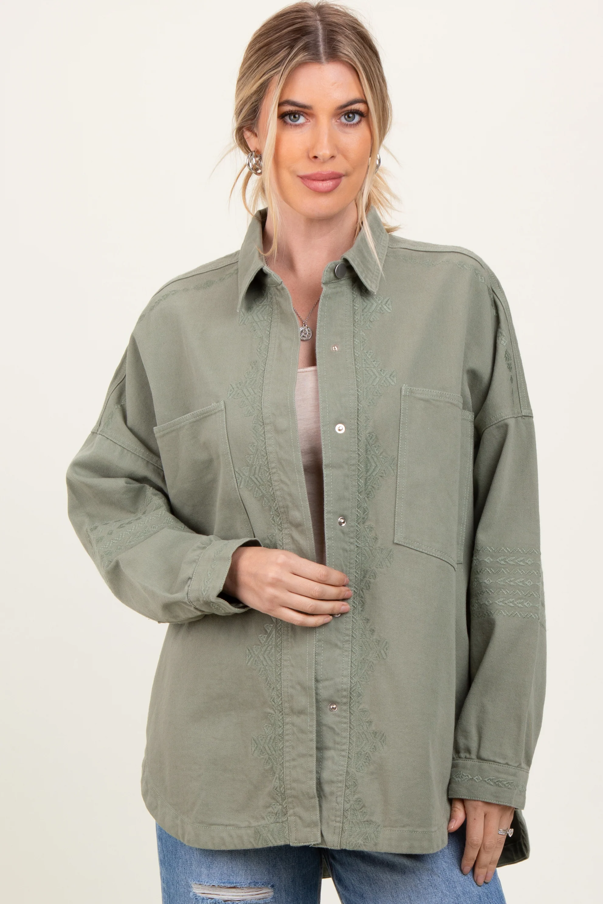 Light Olive Embroidered Snap Button Maternity Shirt Jacket - Image 5