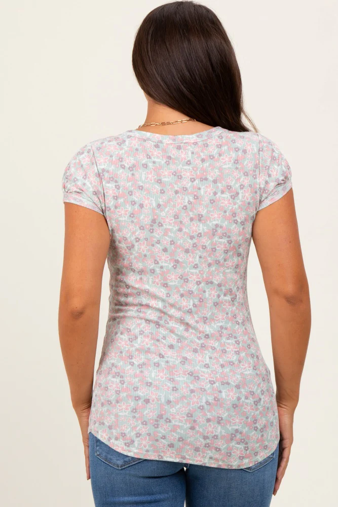 Light Olive Floral Button Detail Short Sleeve Maternity Top - Image 3
