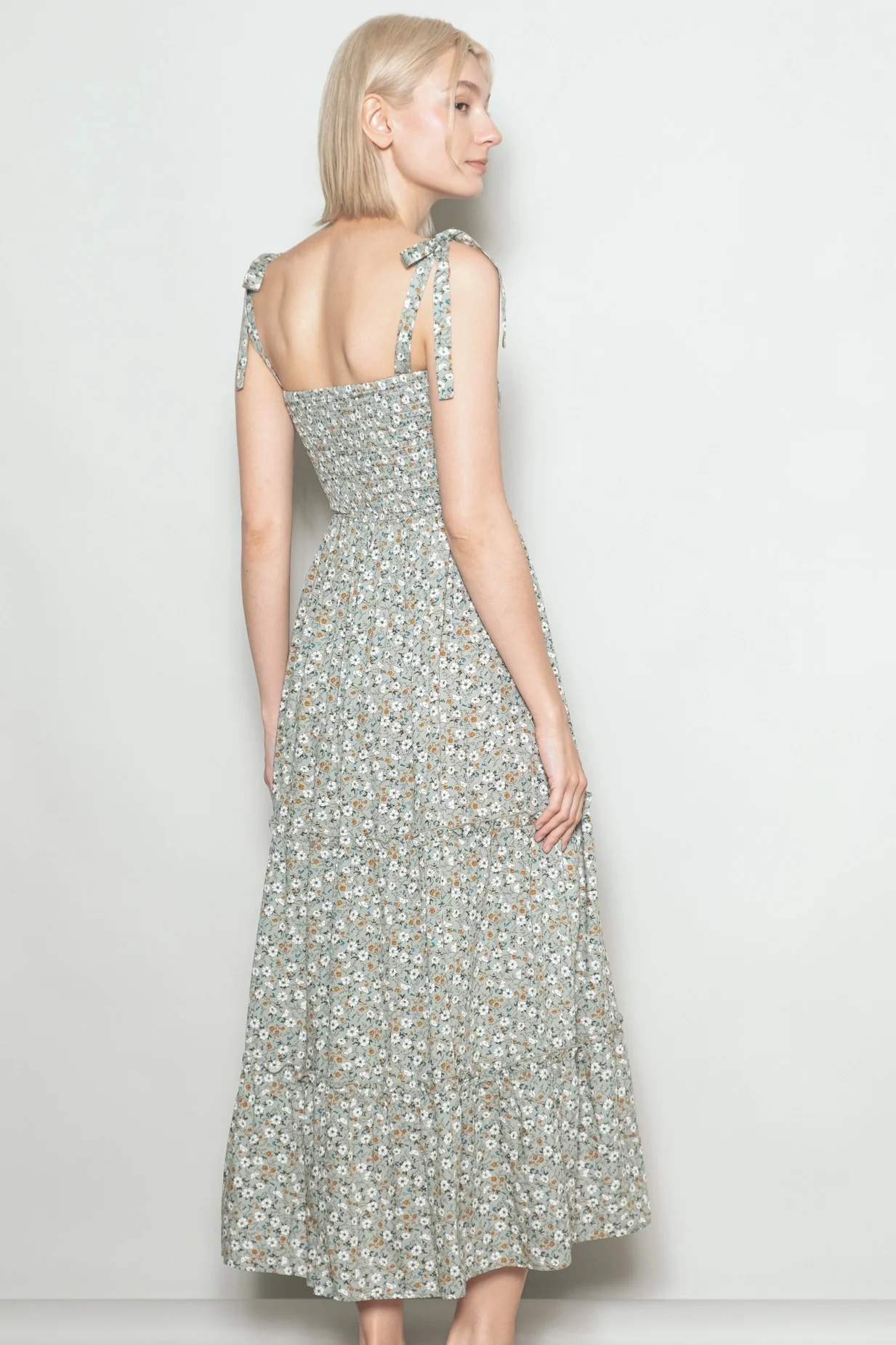 Light Olive Floral Button Down Shoulder Tie Maxi Dress - Image 3