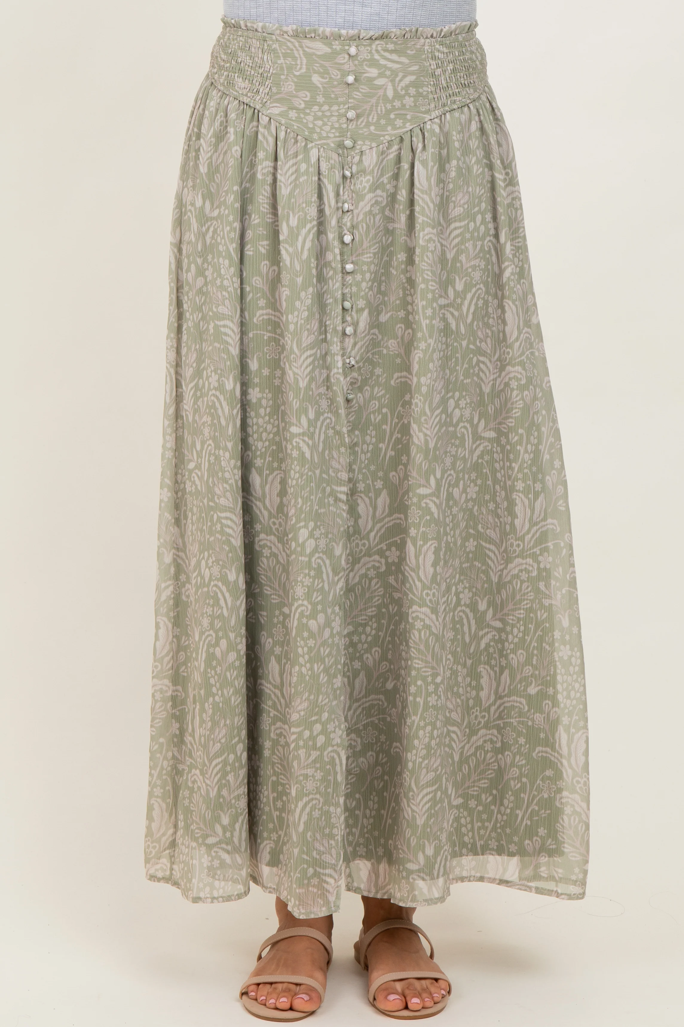 Light Olive Floral Chiffon Button Detail Maxi Skirt - Image 3
