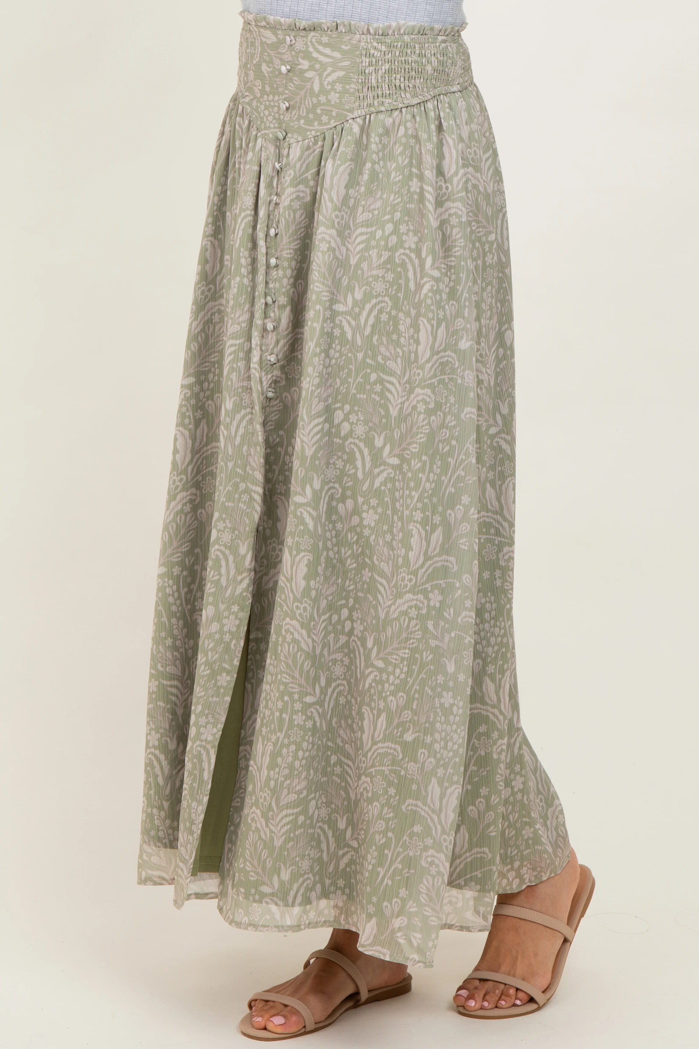 Light Olive Floral Chiffon Button Detail Maxi Skirt - Image 4