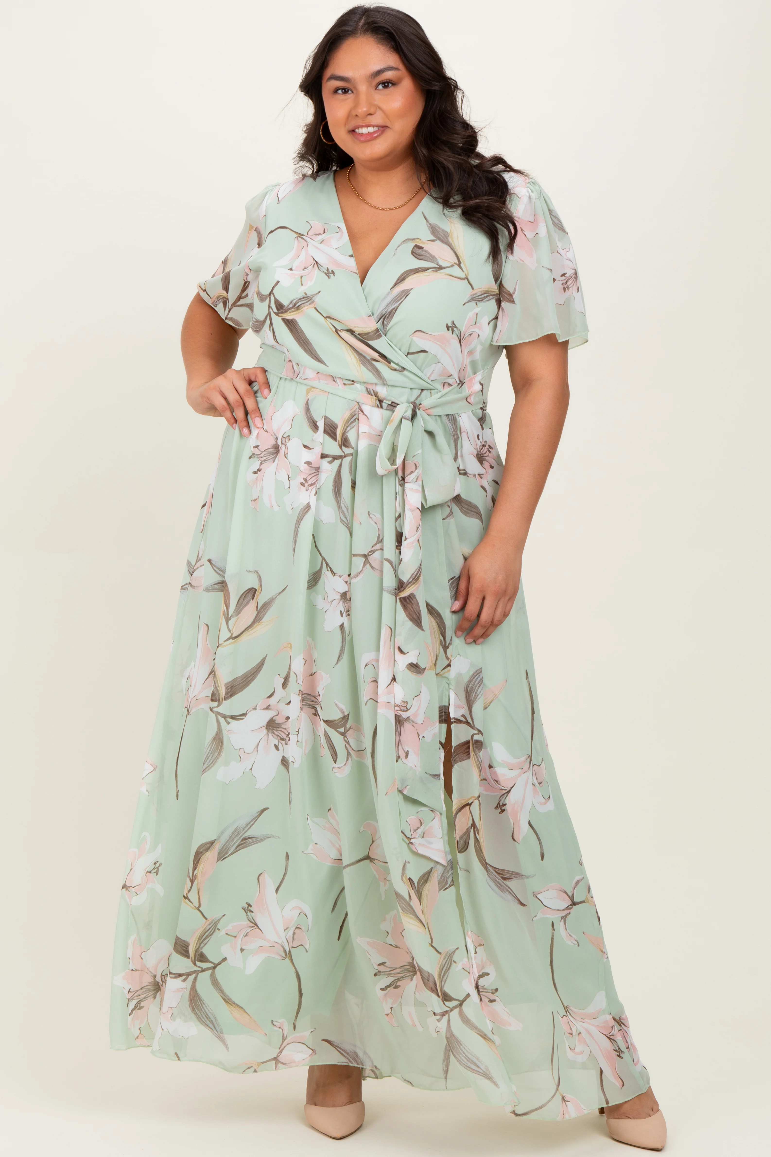 Light Olive Floral Chiffon Sash Tie Maternity Plus Maxi Dress - Image 5