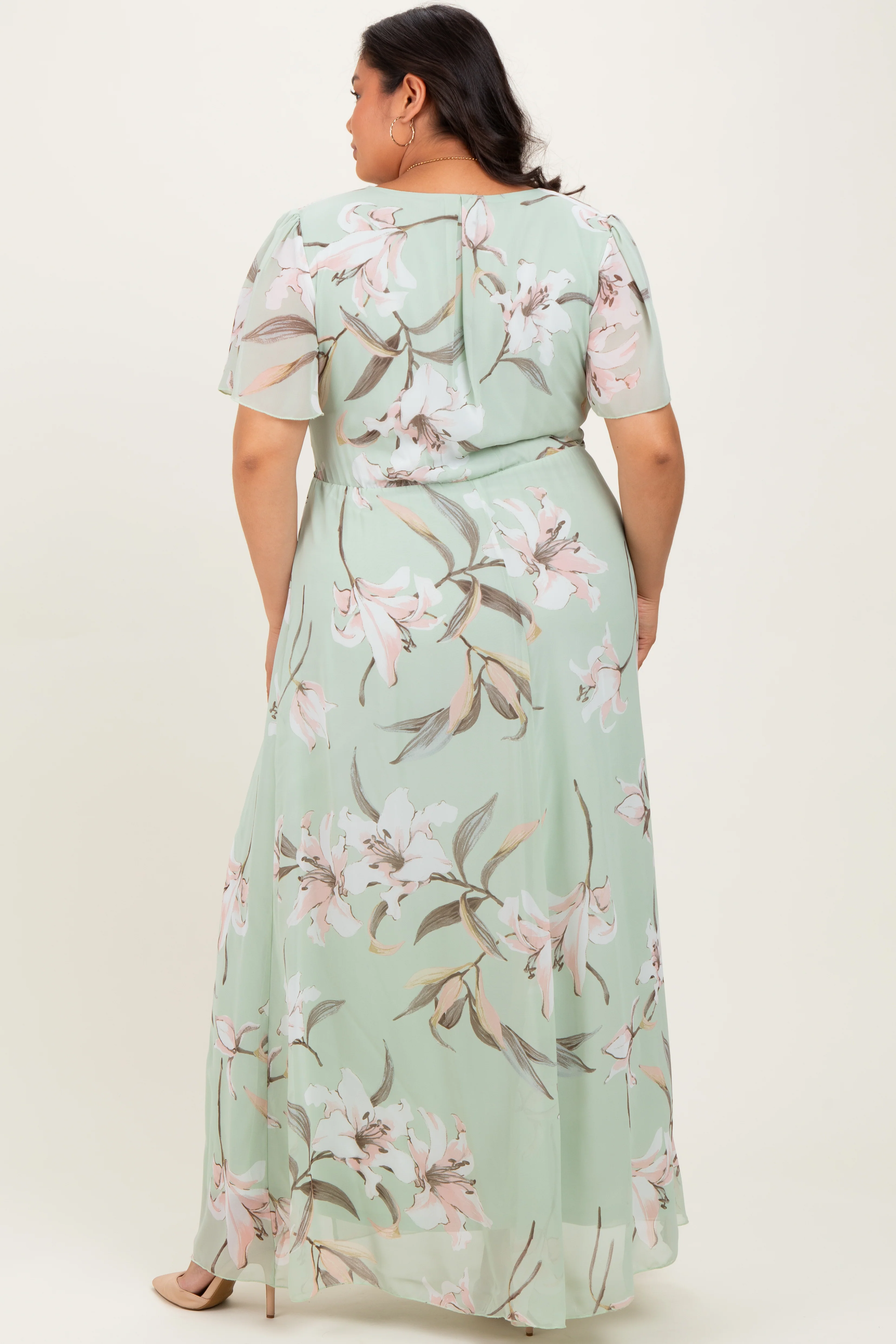 Light Olive Floral Chiffon Sash Tie Plus Maxi Dress - Image 4