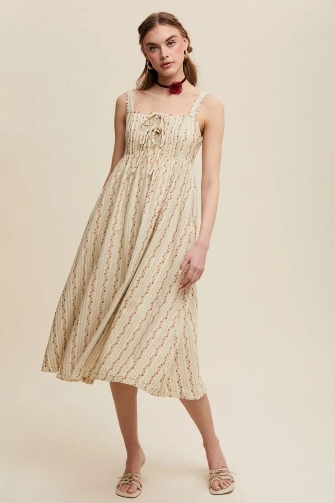 Light Olive Floral Embroidered Striped Midi Dress