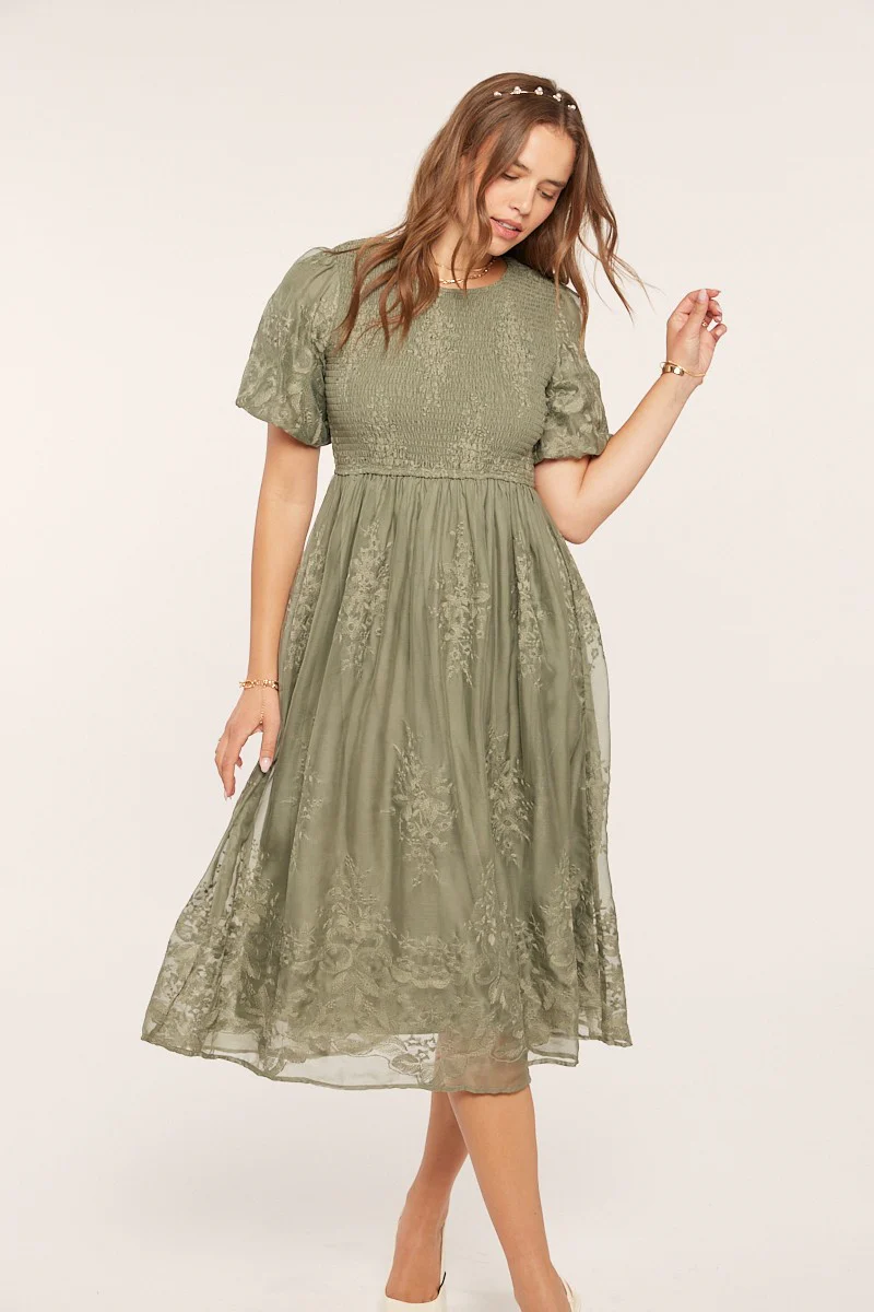 Light Olive Floral Lace Smocked Midi Dress - Image 3