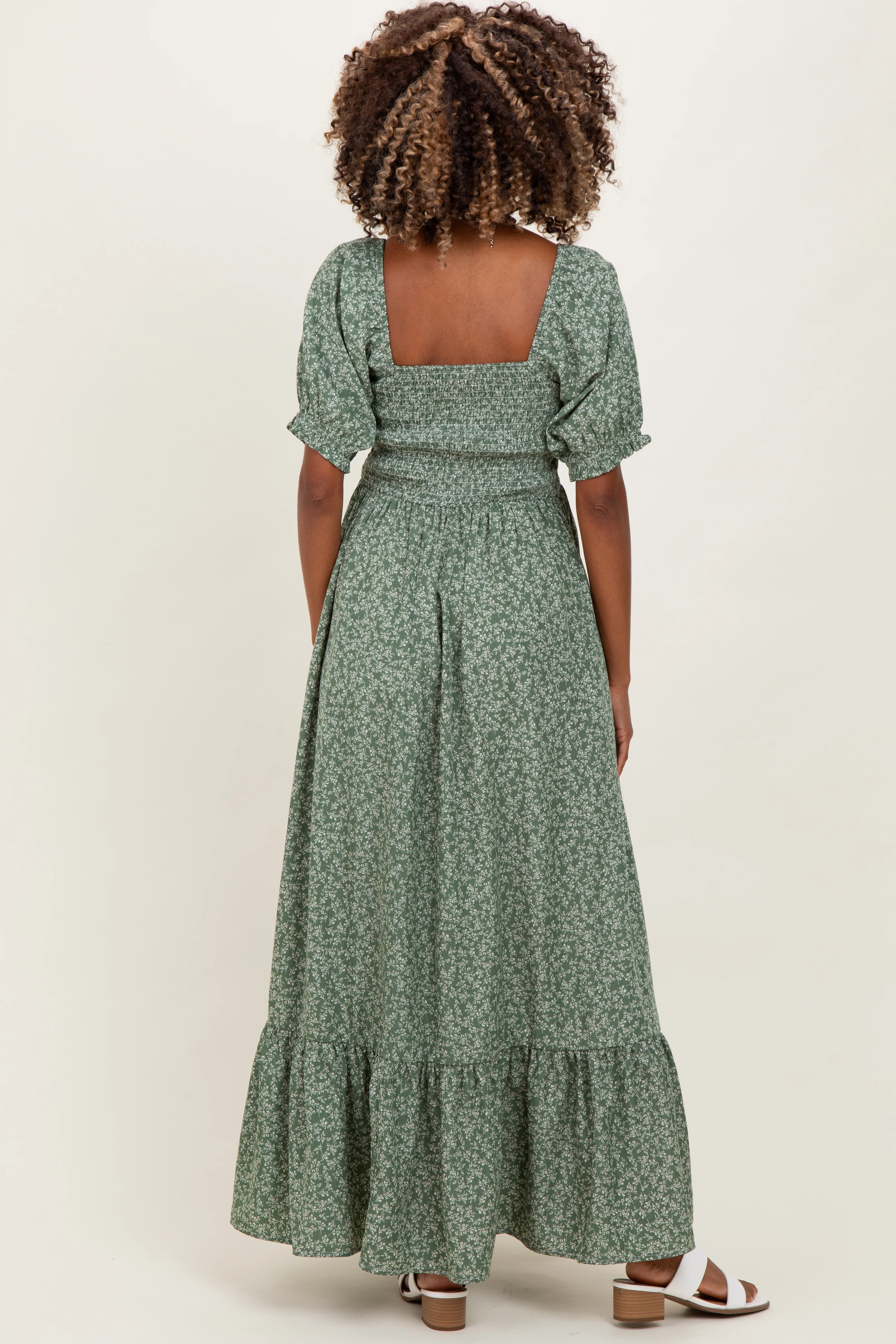 Light Olive Floral Lace Trim Smocked Maternity Maxi Dress - Image 4