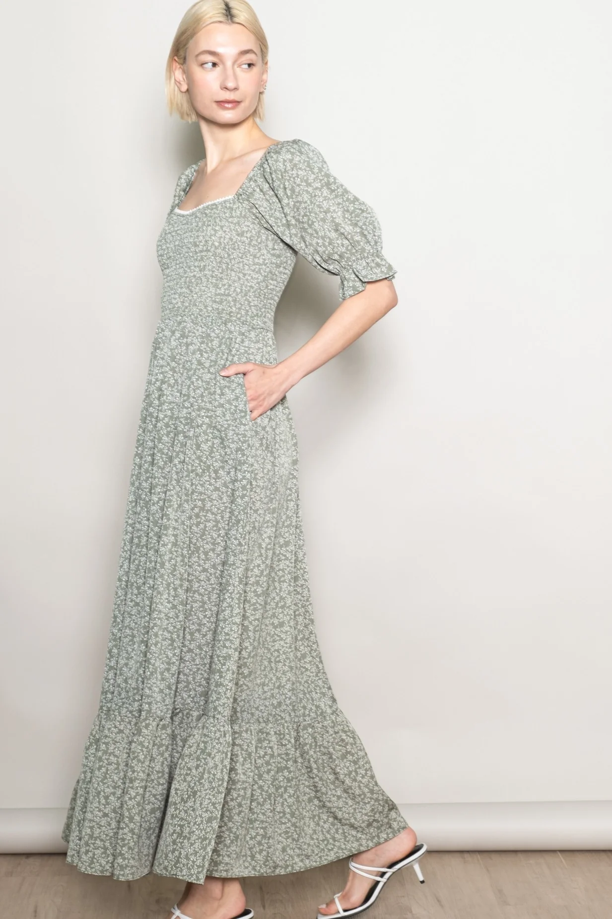 Light Olive Floral Lace Trim Smocked Maxi Dress - Image 2