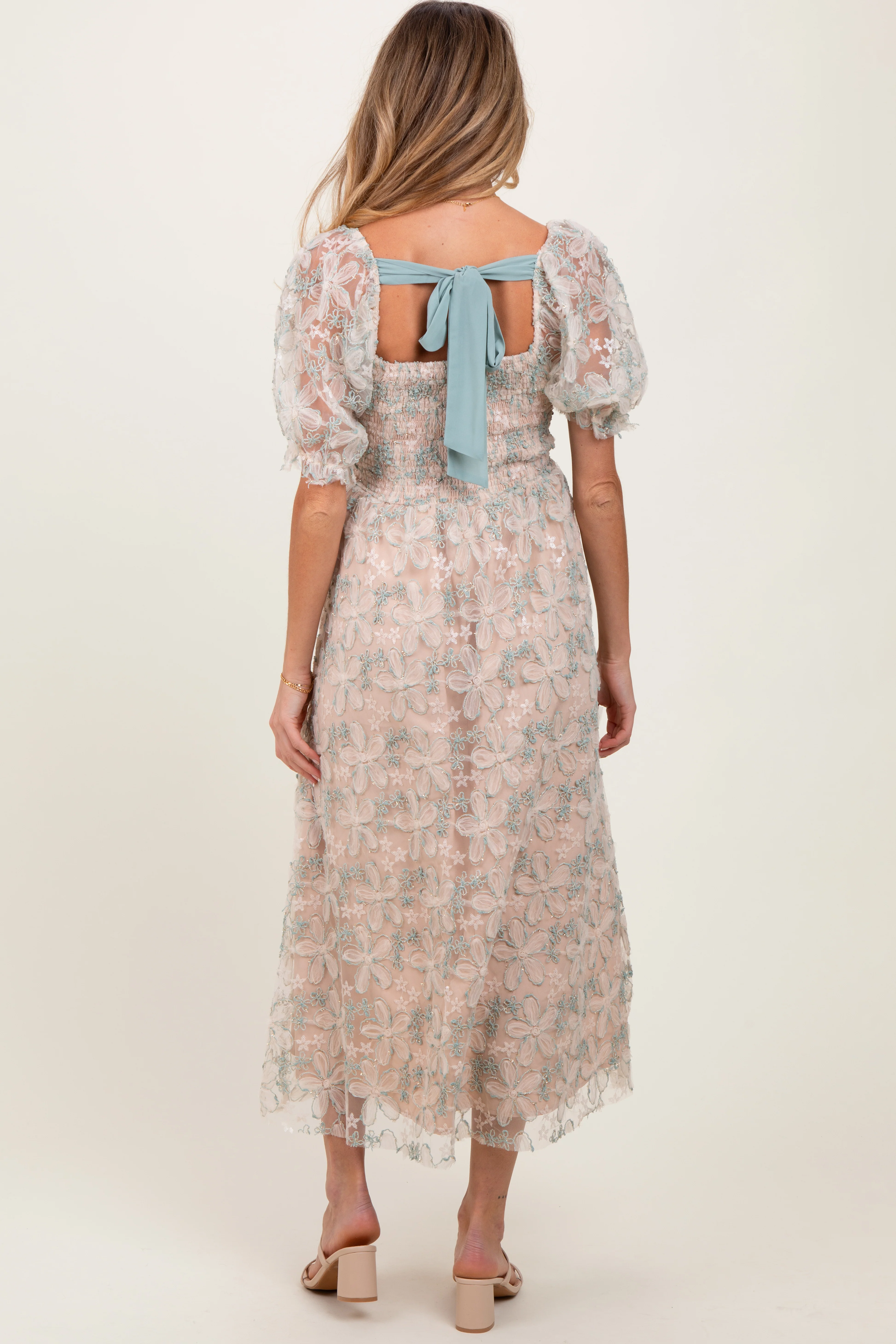 Light Olive Floral Mesh Overlay Tie Back Maternity Midi Dress - Image 3